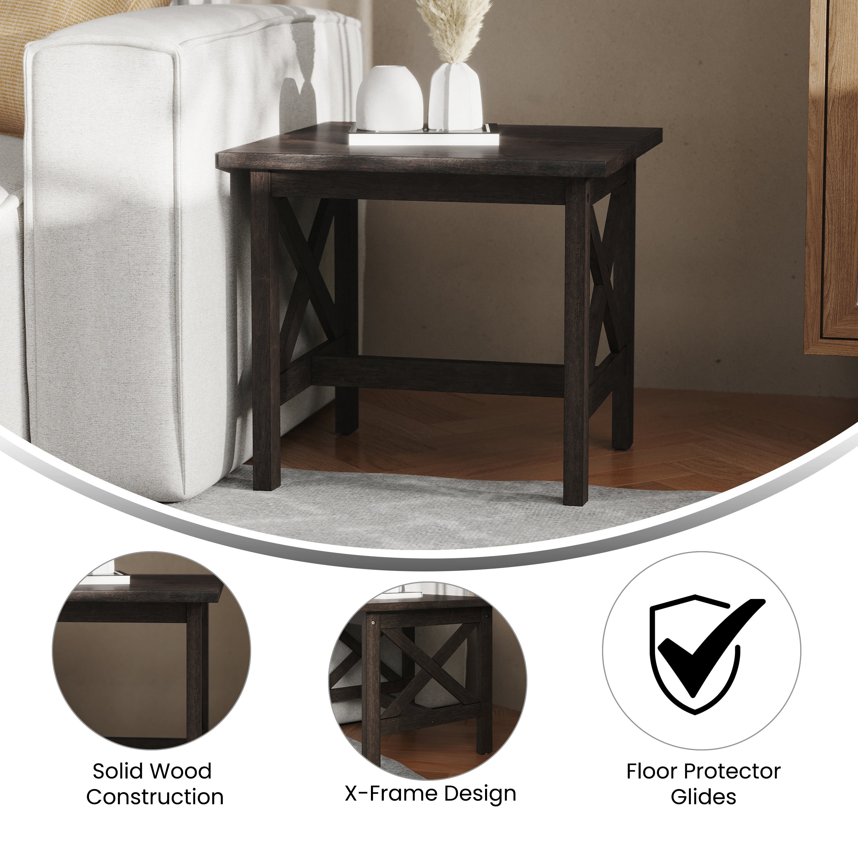 Jasper Farmhouse Style Solid Wood End Table with Traditional Crisscross Accents