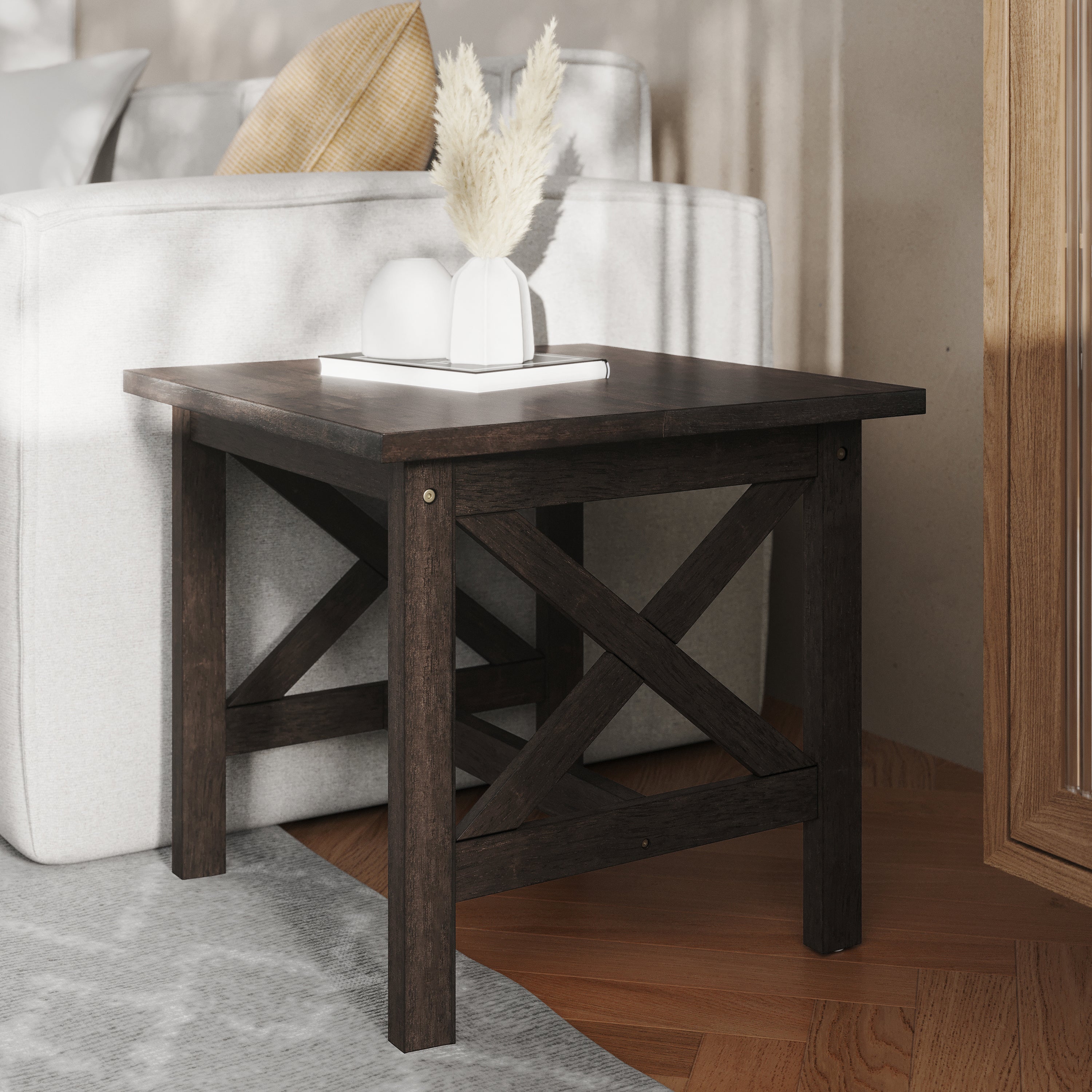 Jasper Farmhouse Style Solid Wood End Table with Traditional Crisscross Accents