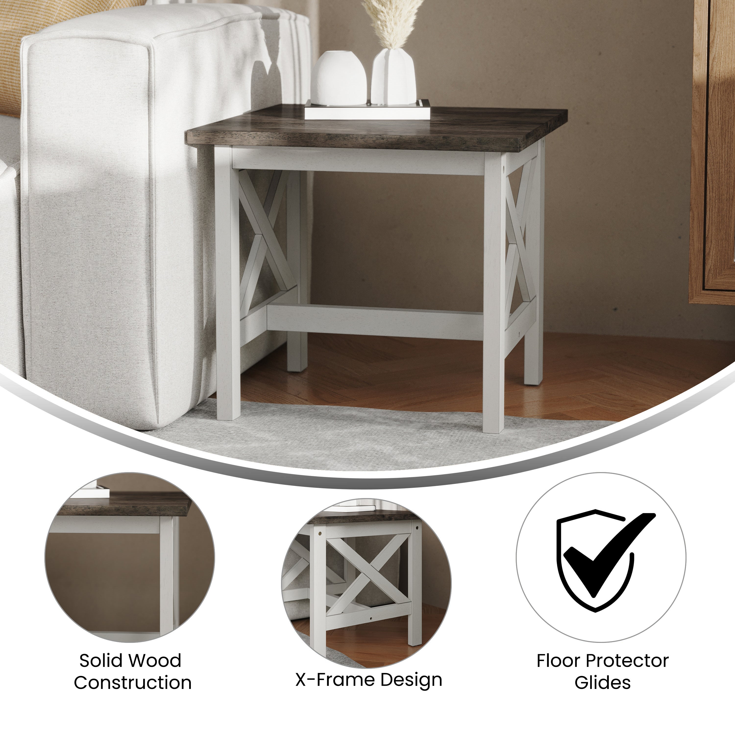 Jasper Farmhouse Style Solid Wood End Table with Traditional Crisscross Accents