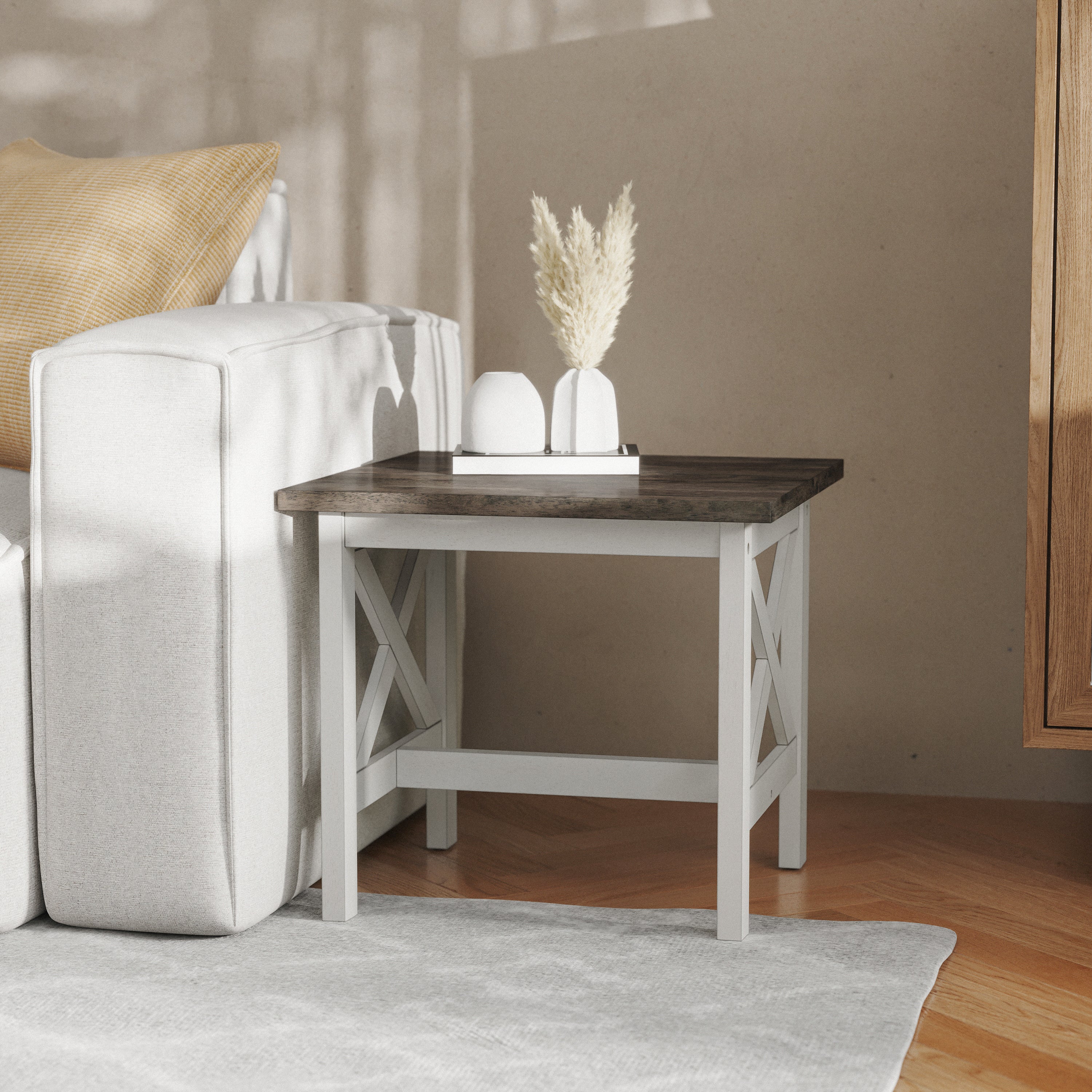 Jasper Farmhouse Style Solid Wood End Table with Traditional Crisscross Accents