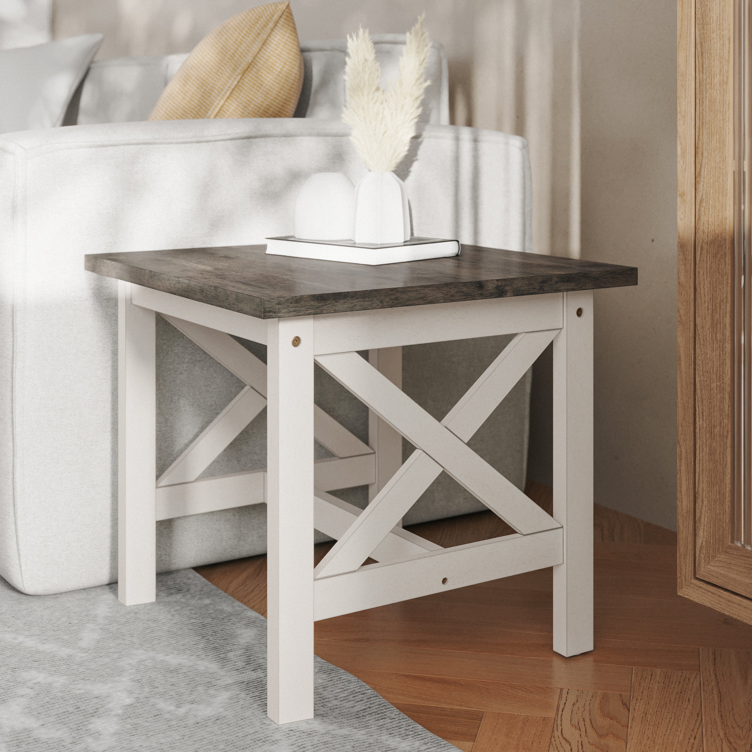 Jasper Farmhouse Style Solid Wood End Table with Traditional Crisscross Accents