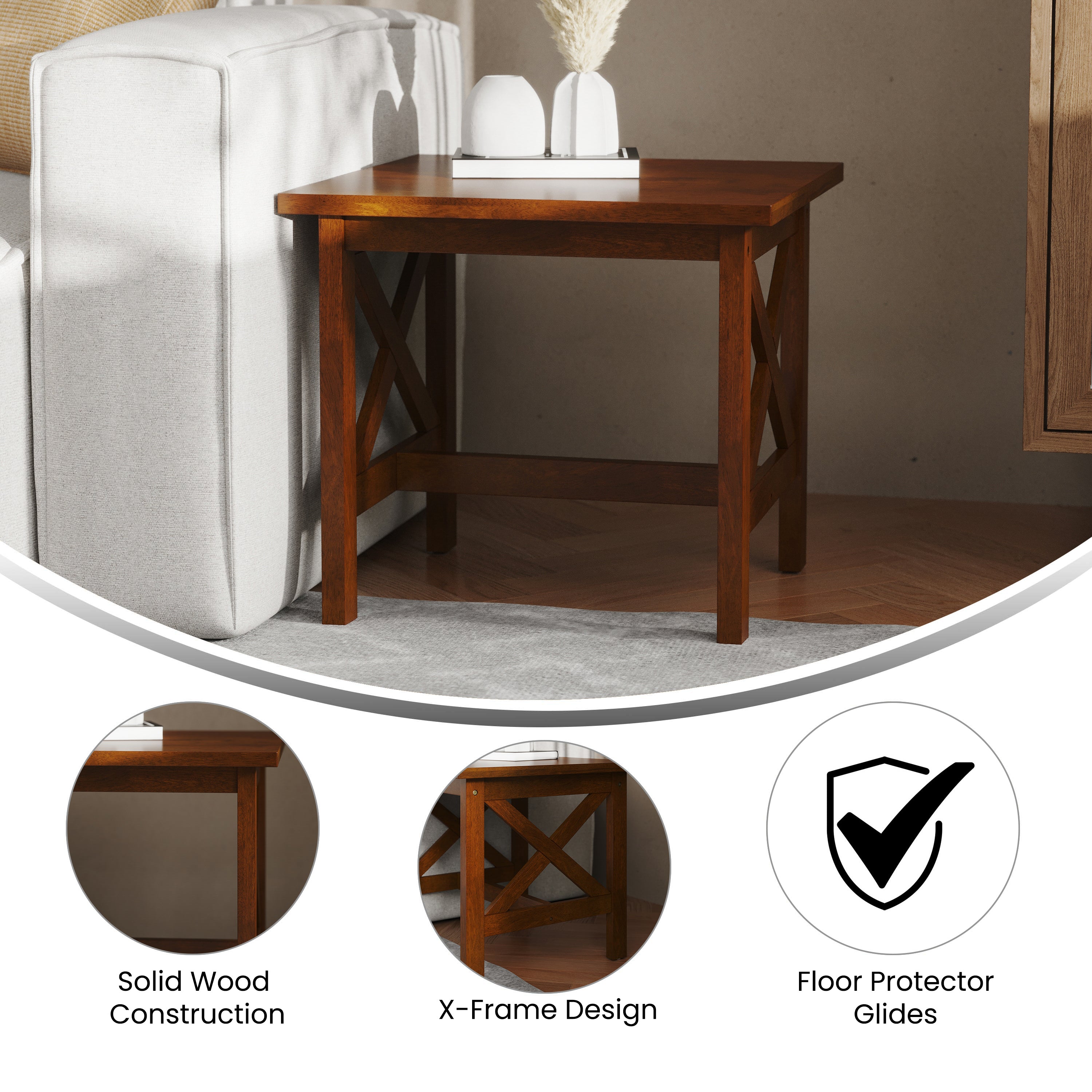 Jasper Farmhouse Style Solid Wood End Table with Traditional Crisscross Accents