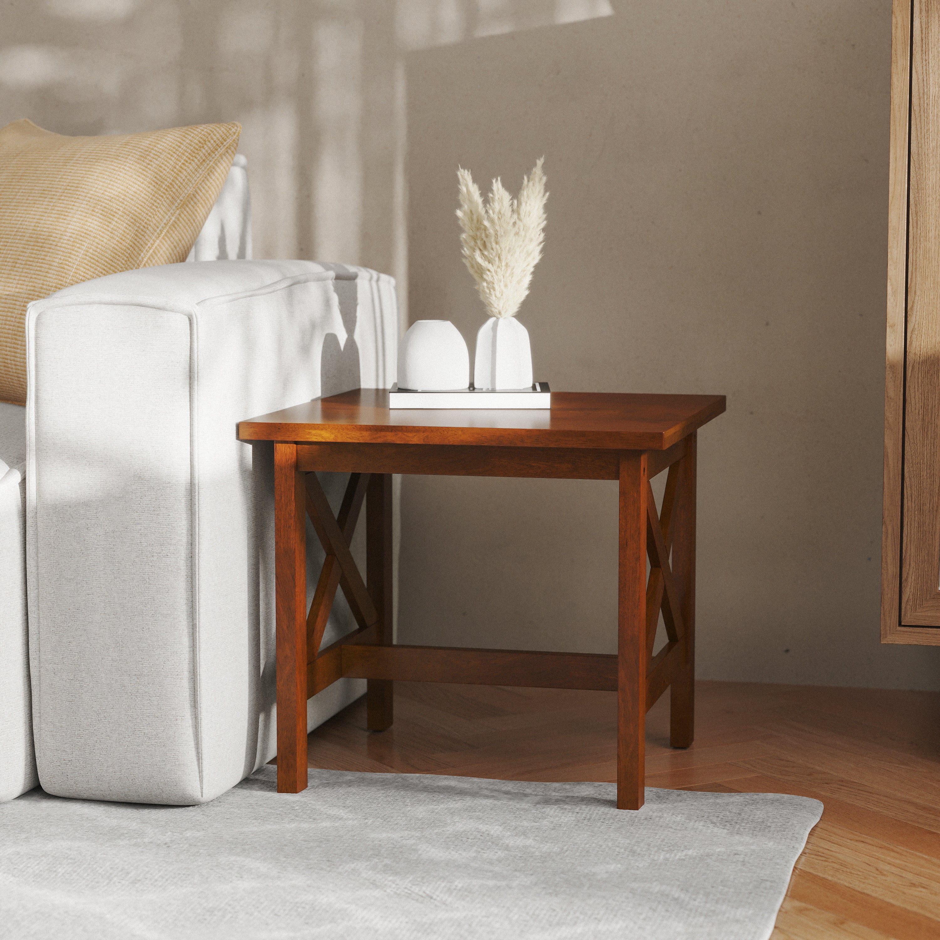 Jasper Farmhouse Style Solid Wood End Table with Traditional Crisscross Accents