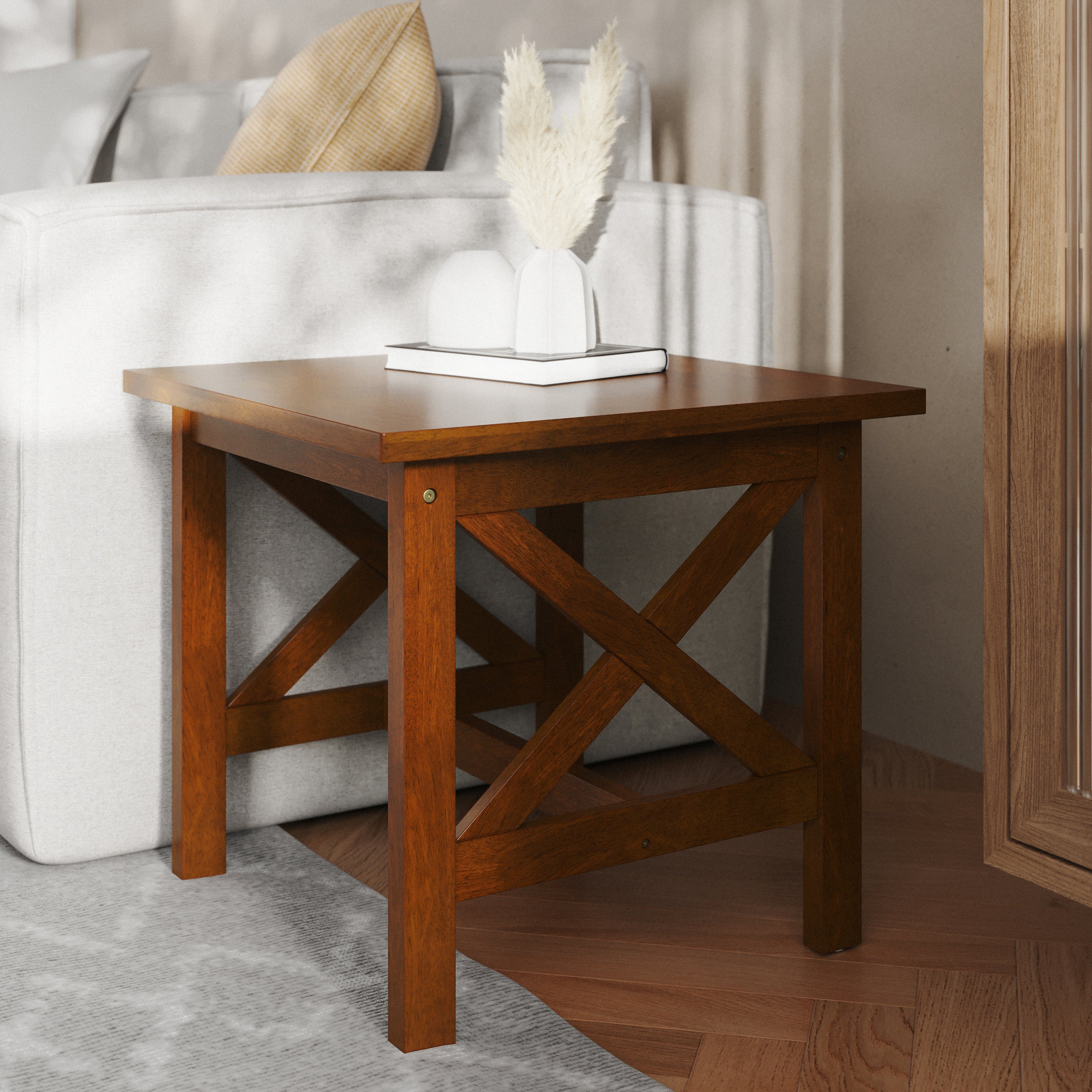 Jasper Farmhouse Style Solid Wood End Table with Traditional Crisscross Accents