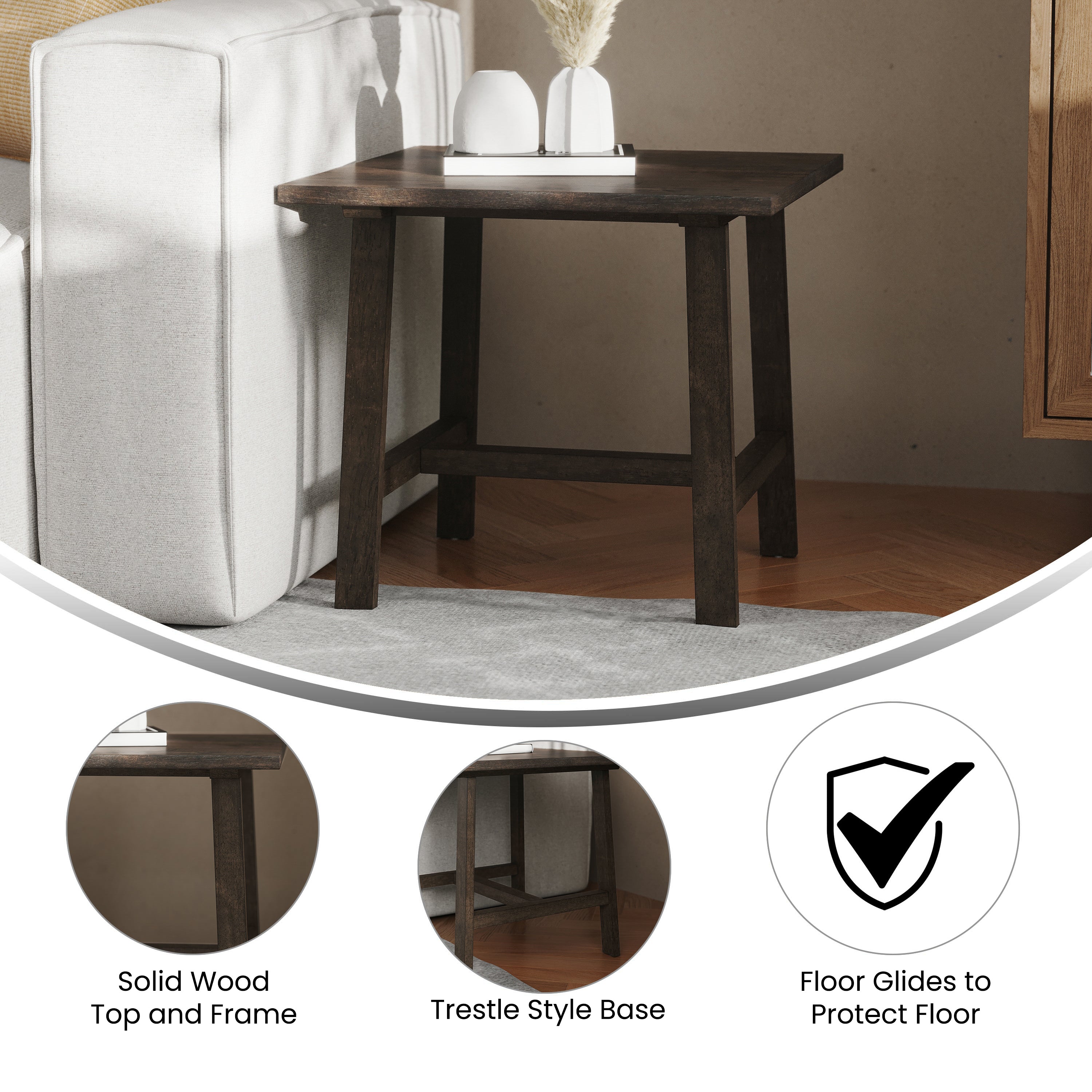 Eli Solid Wood Farmhouse End Table, Trestle Style Accent Table