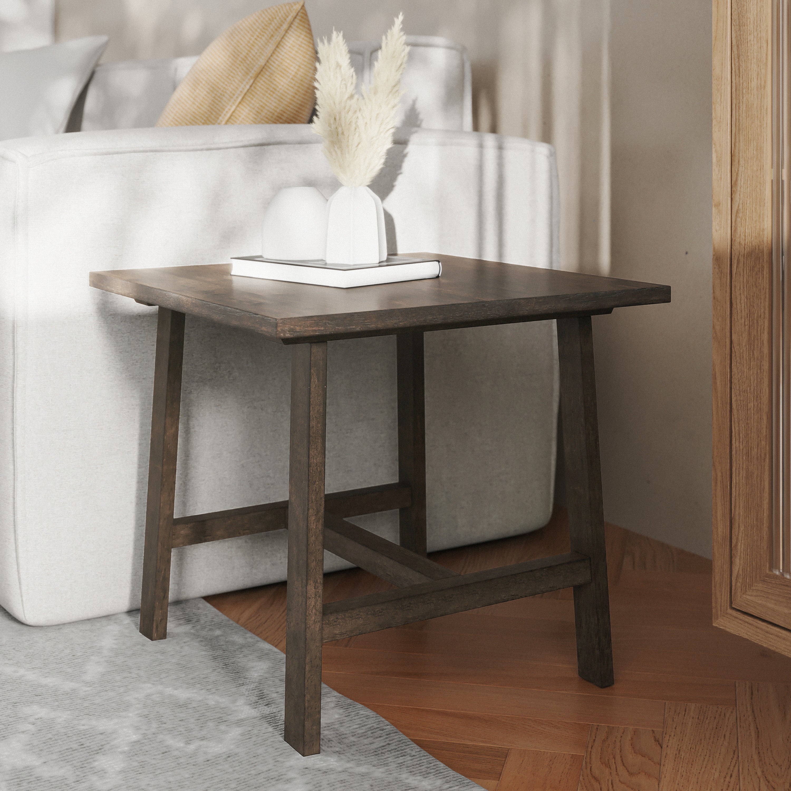 Eli Solid Wood Farmhouse End Table, Trestle Style Accent Table