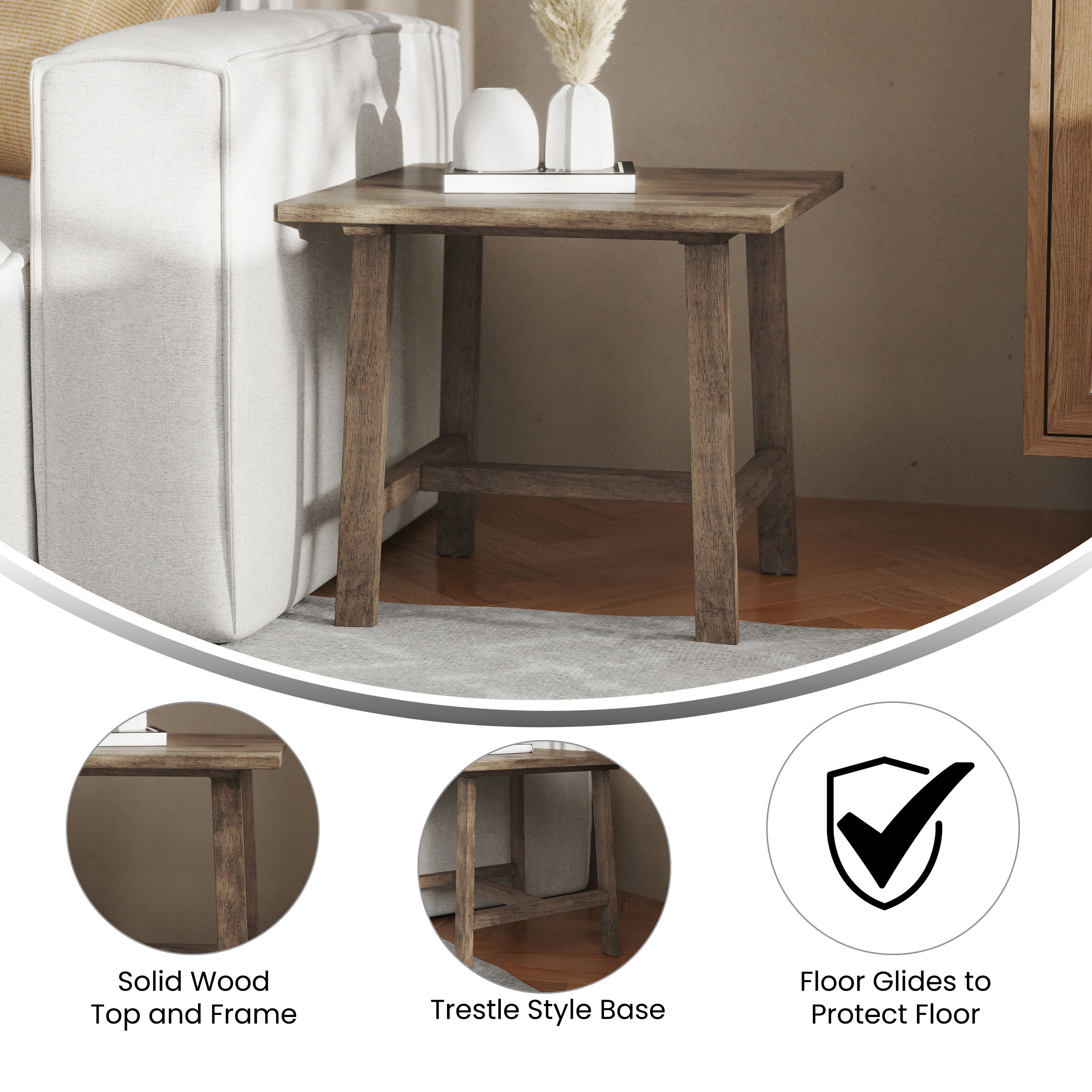 Eli Solid Wood Farmhouse End Table, Trestle Style Accent Table