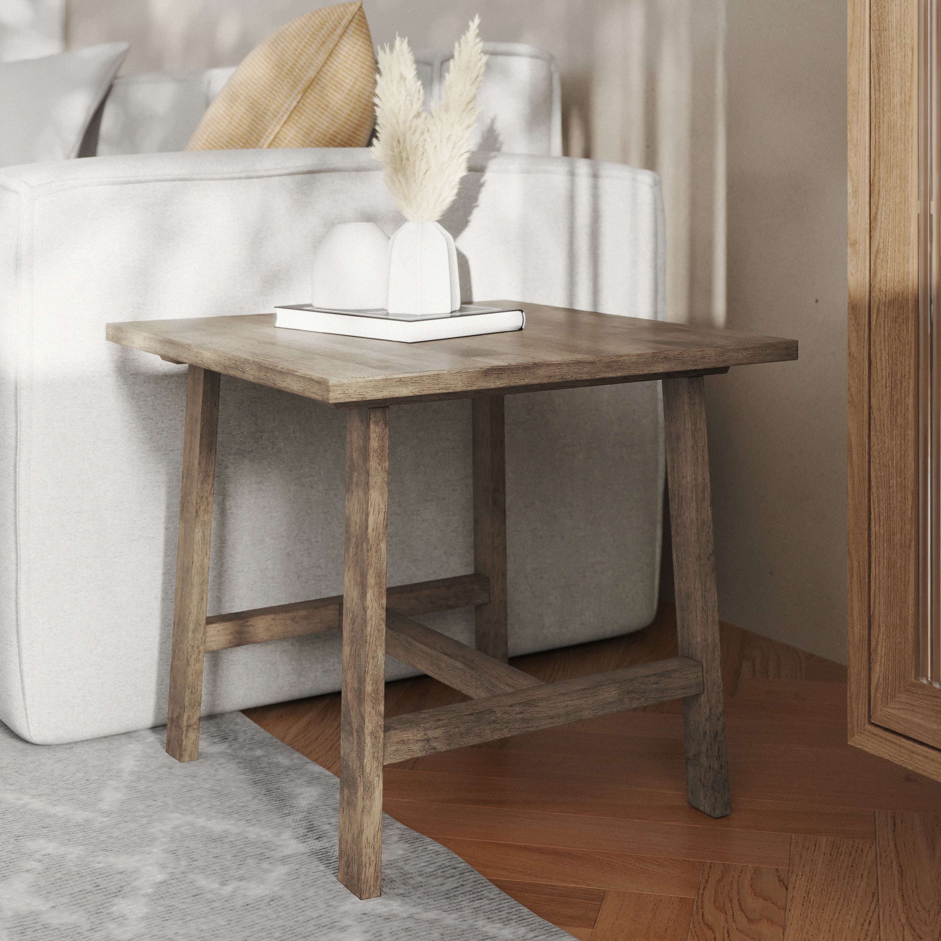Eli Solid Wood Farmhouse End Table, Trestle Style Accent Table
