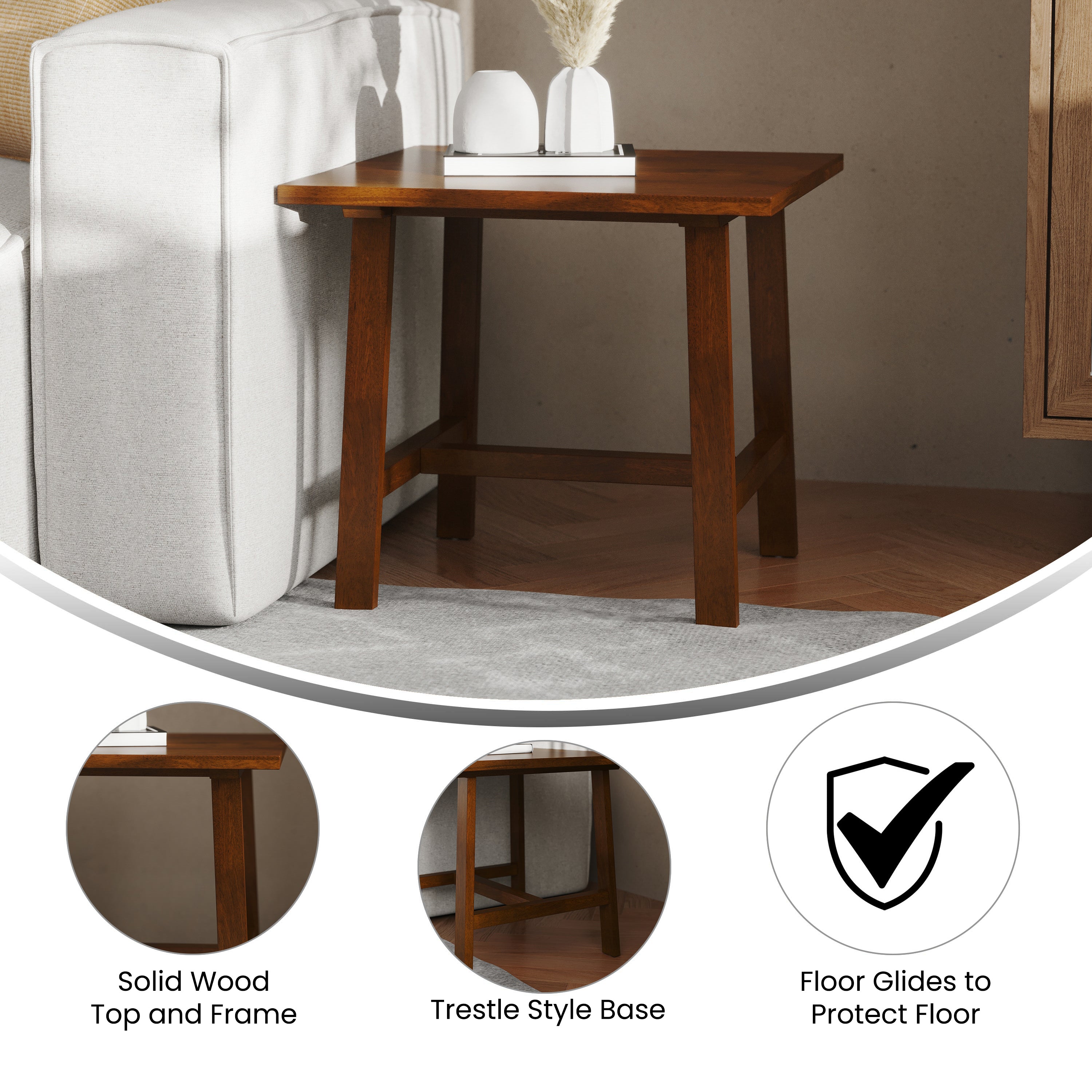 Eli Solid Wood Farmhouse End Table, Trestle Style Accent Table