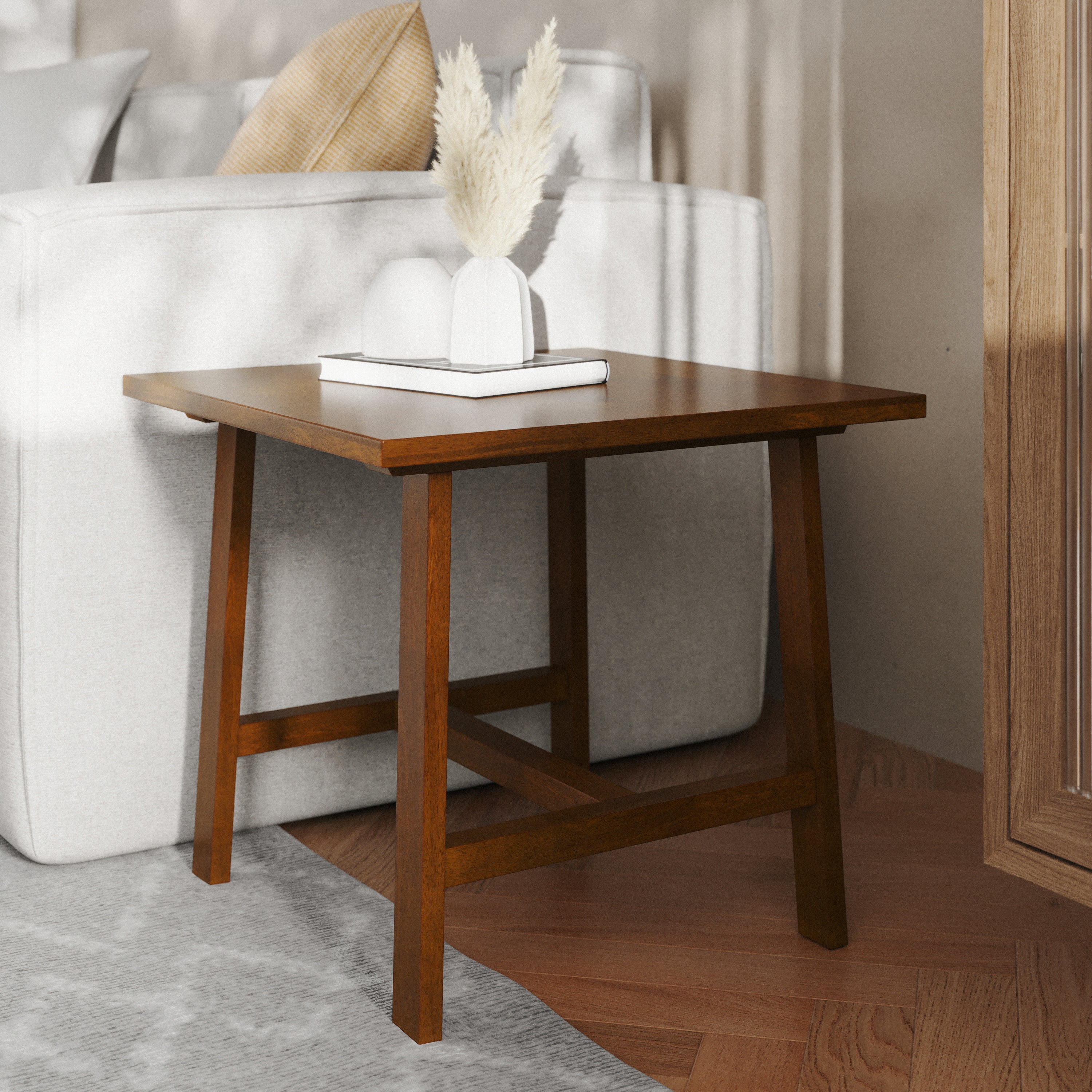Eli Solid Wood Farmhouse End Table, Trestle Style Accent Table
