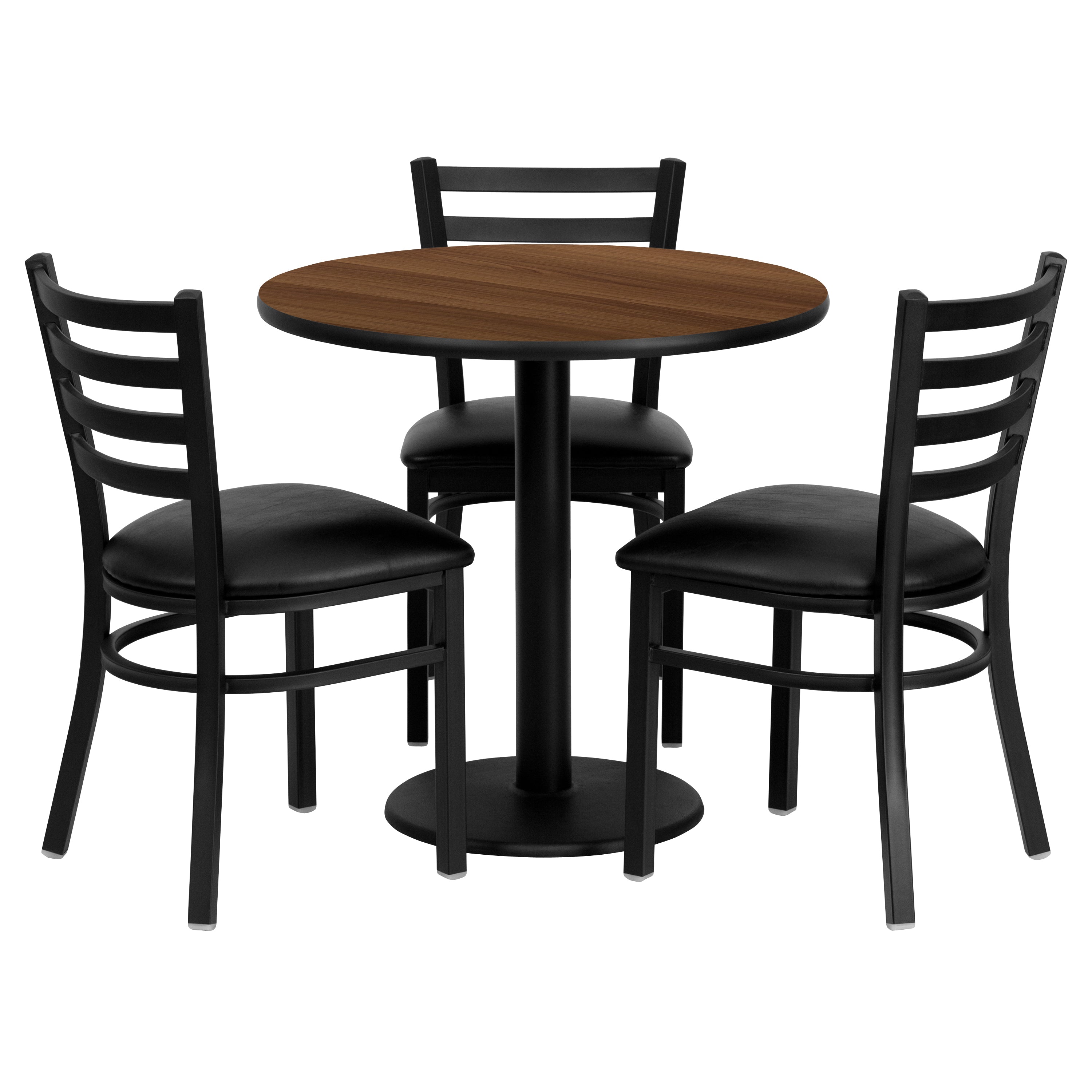 30'' Round Laminate Table Set with 3 Ladder Back Metal Chairs-Laminate Restaurant Table and Chair Set-Flash Furniture-Wall2Wall Furnishings