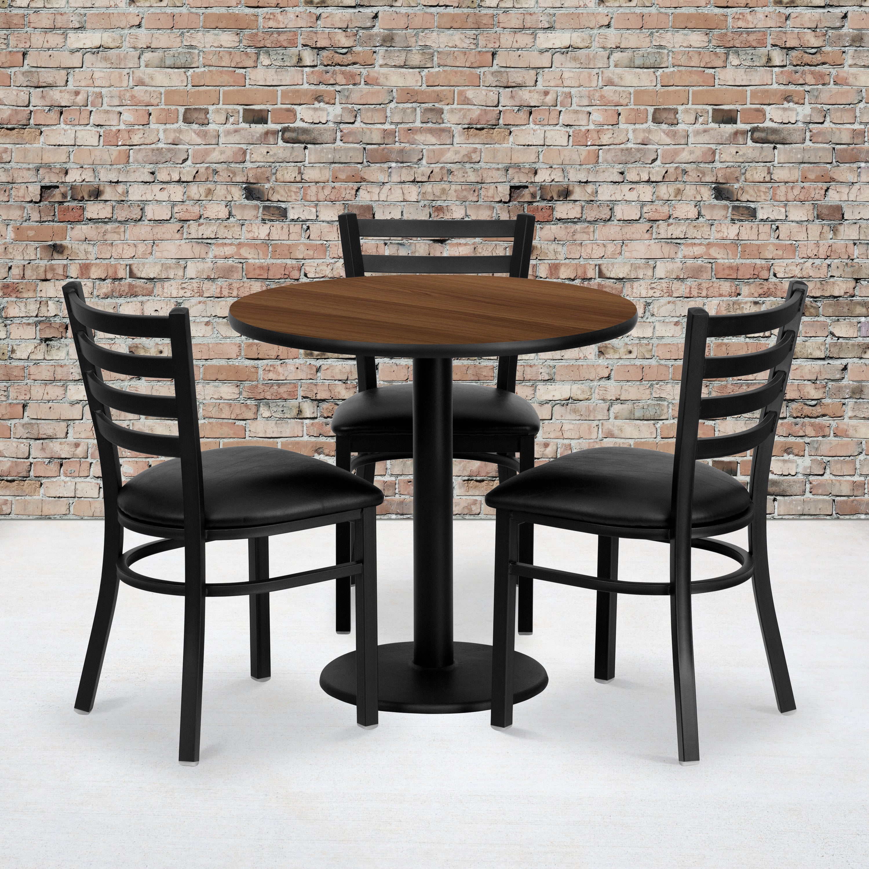 30'' Round Laminate Table Set with 3 Ladder Back Metal Chairs-Laminate Restaurant Table and Chair Set-Flash Furniture-Wall2Wall Furnishings