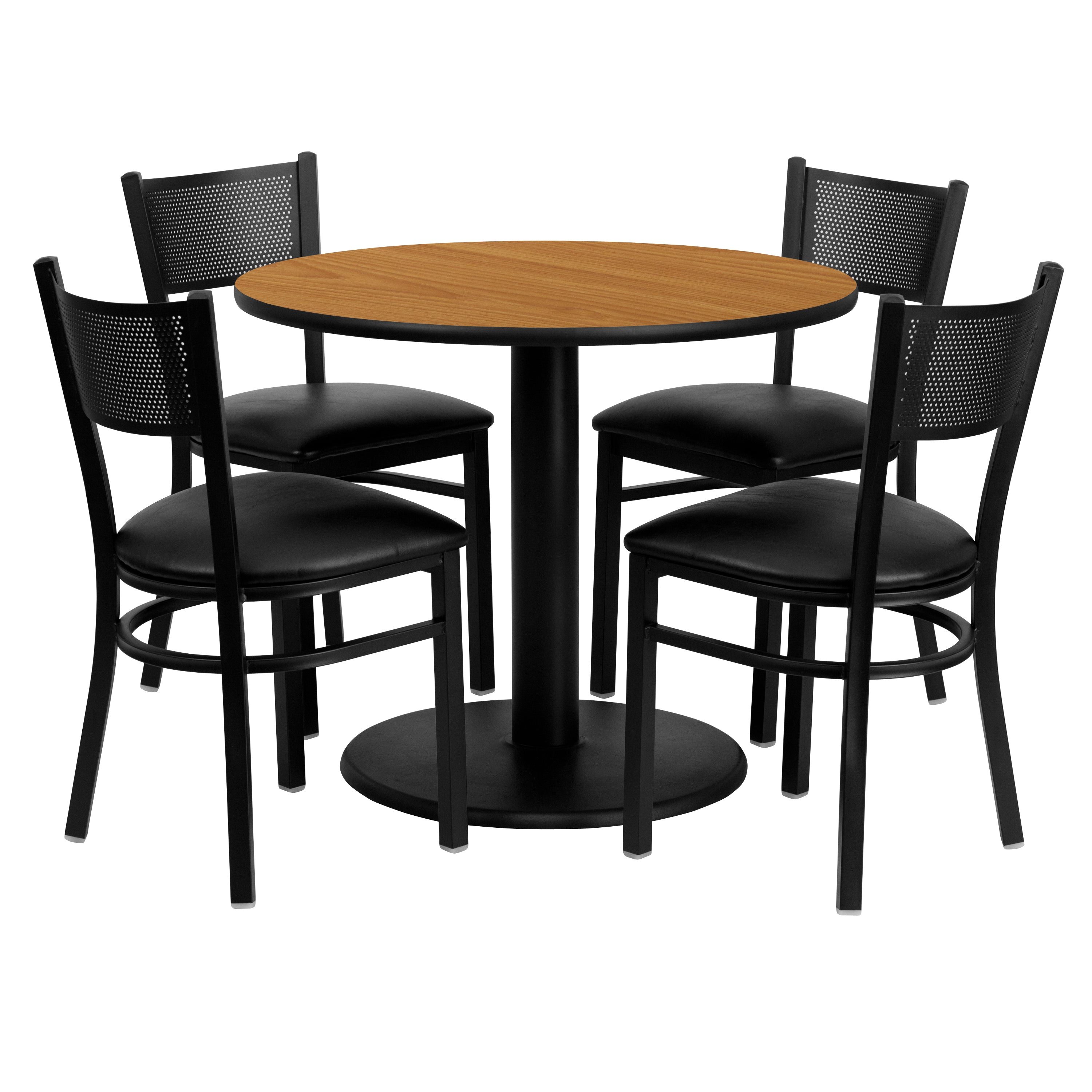 36'' Round Laminate Table Set with 4 Grid Back Metal Chairs-Laminate Restaurant Table and Chair Set-Flash Furniture-Wall2Wall Furnishings