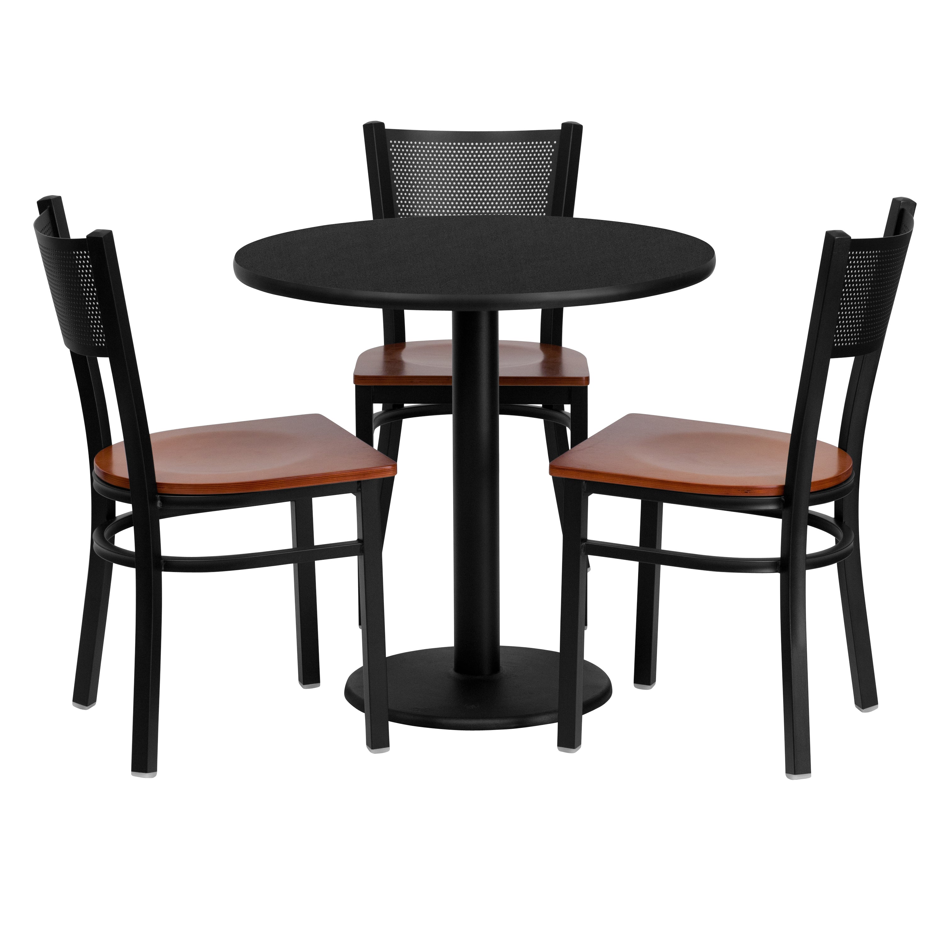 30'' Round Laminate Table Set with 3 Grid Back Metal Chairs-Laminate Restaurant Table and Chair Set-Flash Furniture-Wall2Wall Furnishings