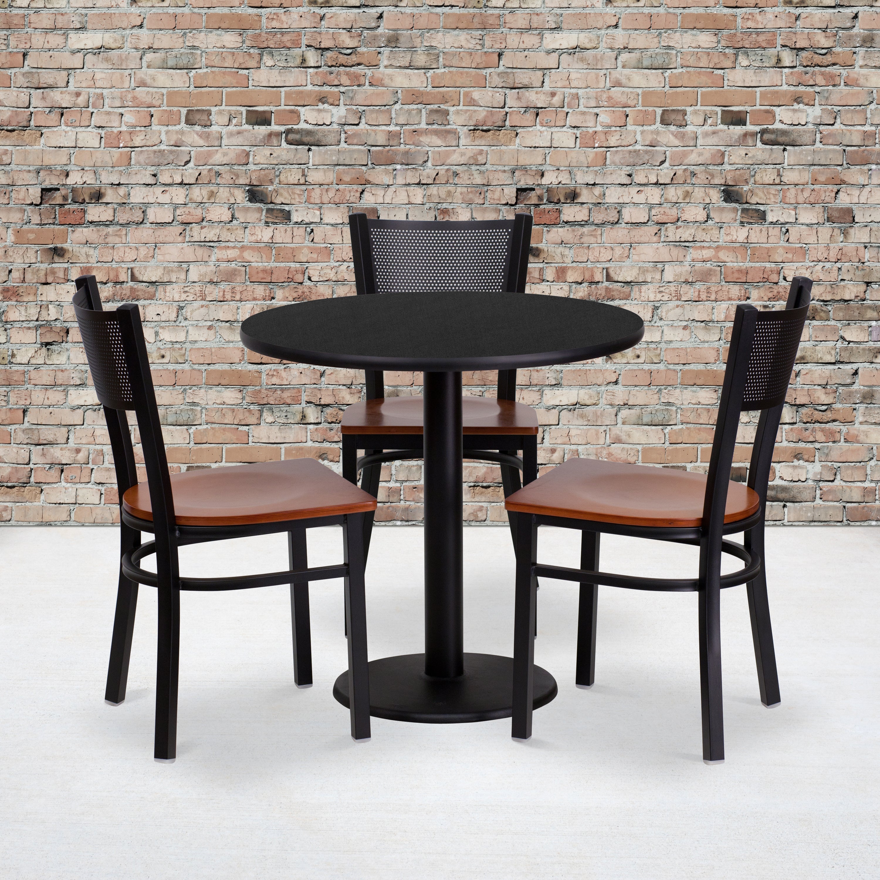 30'' Round Laminate Table Set with 3 Grid Back Metal Chairs-Laminate Restaurant Table and Chair Set-Flash Furniture-Wall2Wall Furnishings