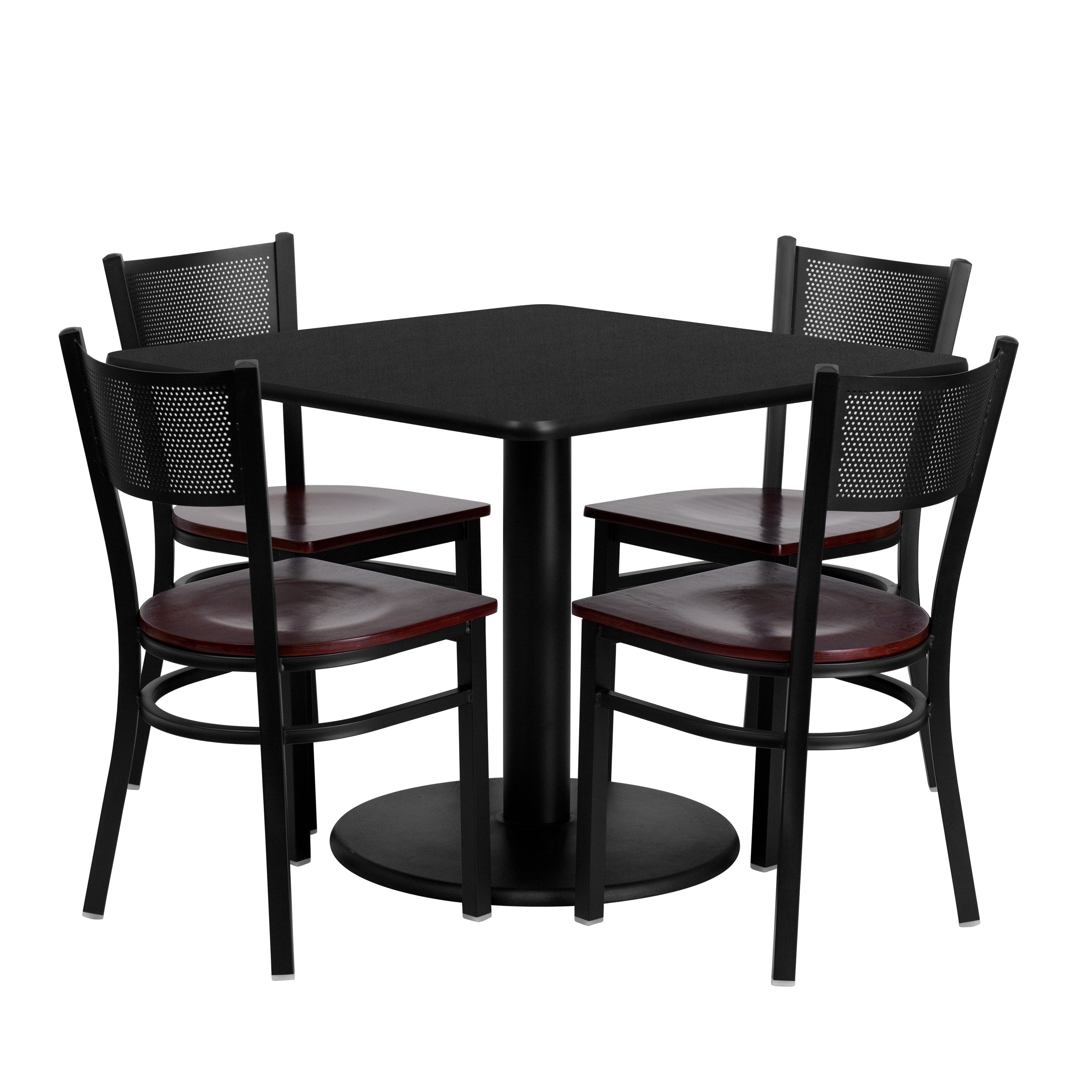 36'' Square Laminate Table Set with 4 Grid Back Metal Chairs-Laminate Restaurant Table and Chair Set-Flash Furniture-Wall2Wall Furnishings