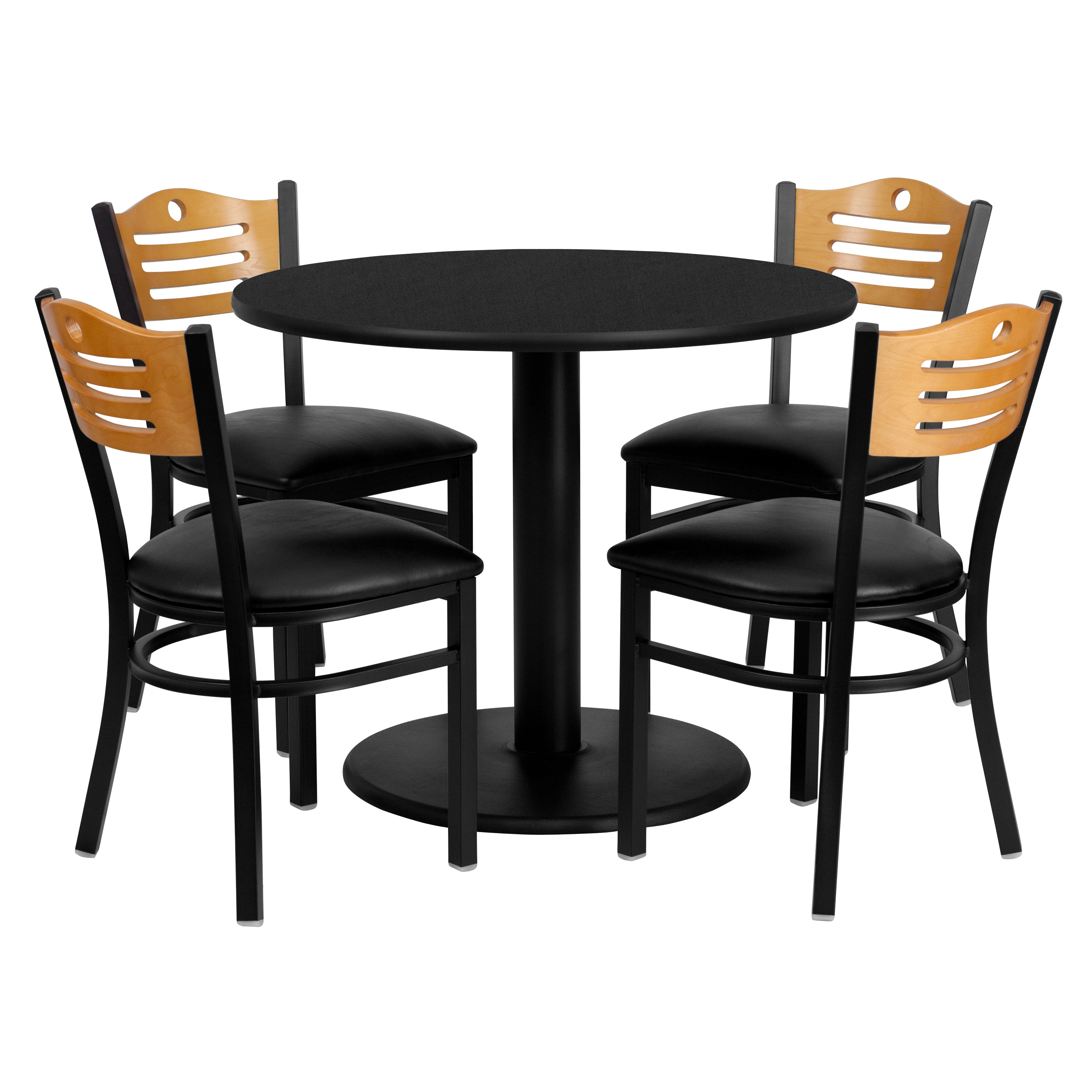 36'' Round Laminate Table Set with 4 Wood Slat Back Metal Chairs-Laminate Restaurant Table and Chair Set-Flash Furniture-Wall2Wall Furnishings