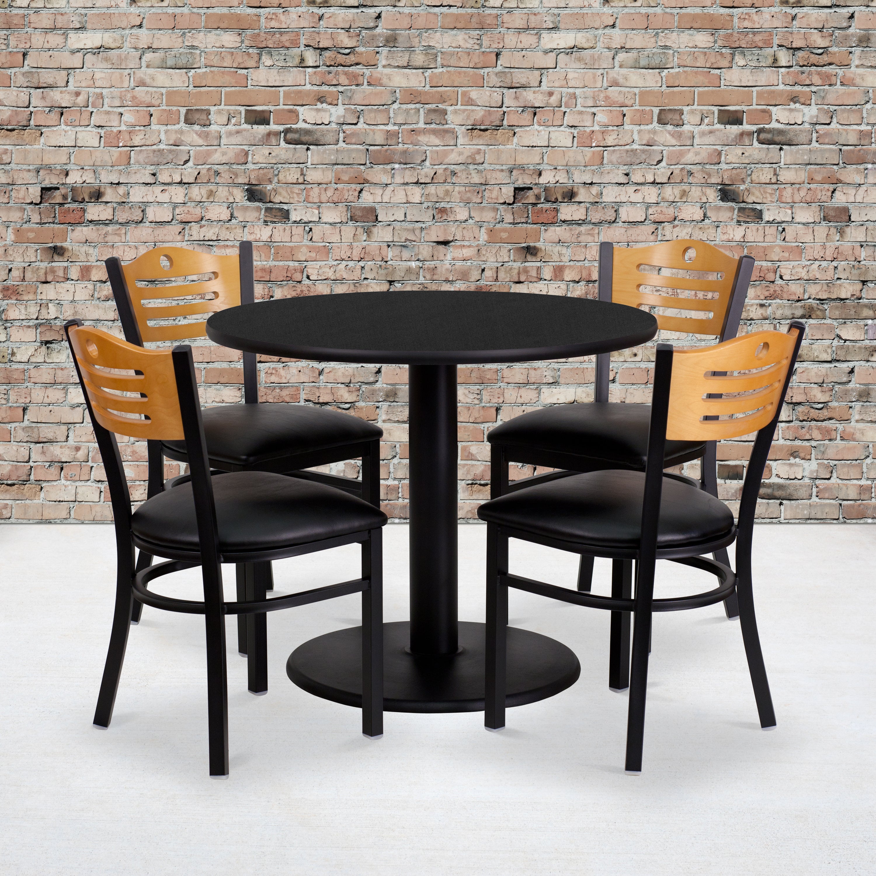36'' Round Laminate Table Set with 4 Wood Slat Back Metal Chairs-Laminate Restaurant Table and Chair Set-Flash Furniture-Wall2Wall Furnishings