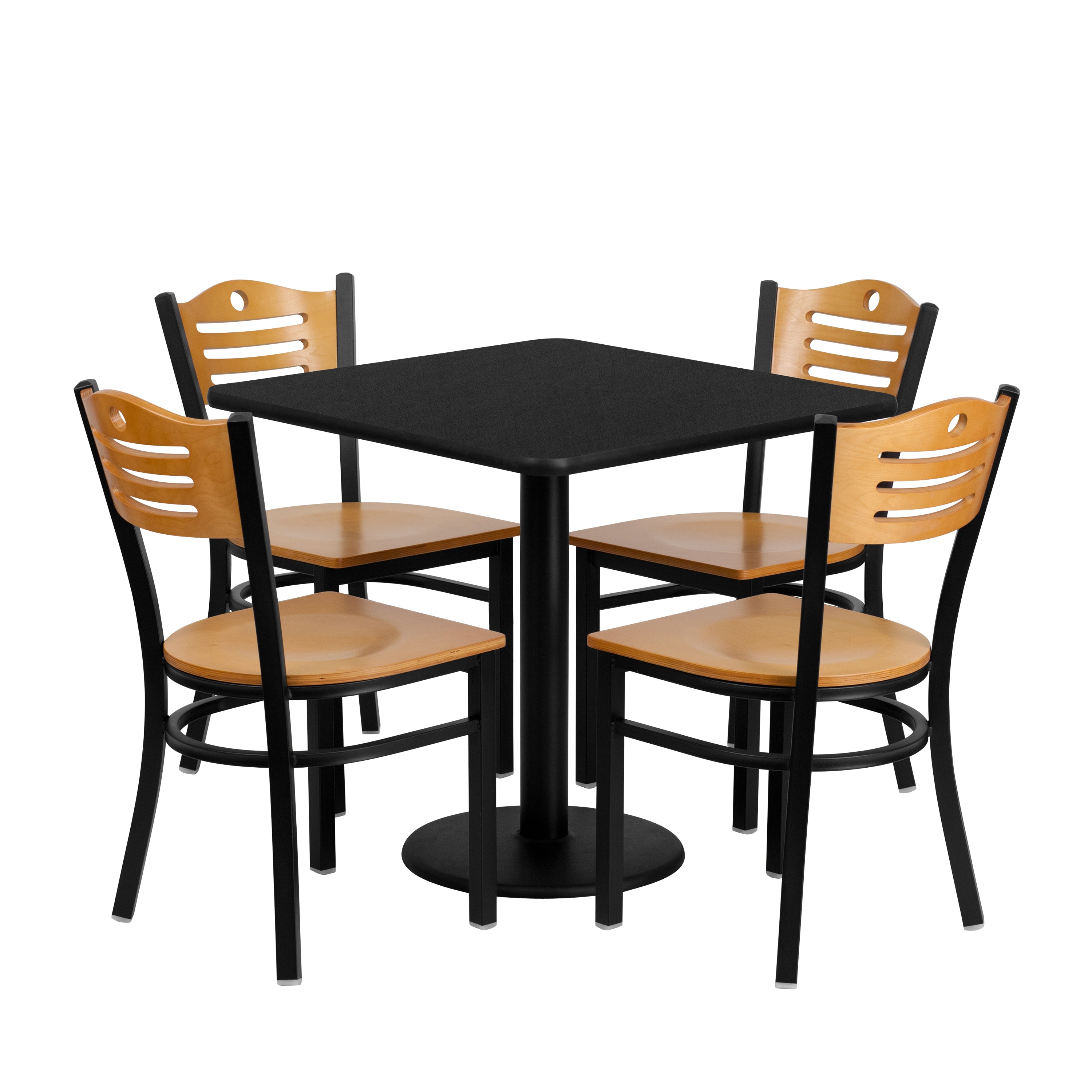 30'' Square Laminate Table Set with 4 Wood Slat Back Metal Chairs-Laminate Restaurant Table and Chair Set-Flash Furniture-Wall2Wall Furnishings