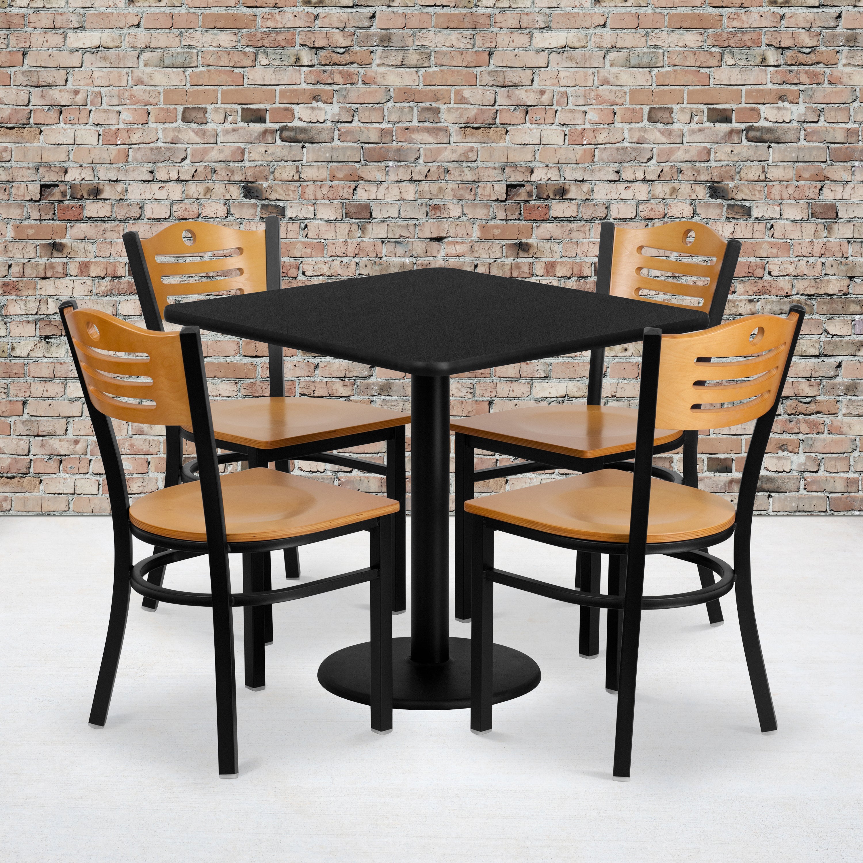 30'' Square Laminate Table Set with 4 Wood Slat Back Metal Chairs-Laminate Restaurant Table and Chair Set-Flash Furniture-Wall2Wall Furnishings