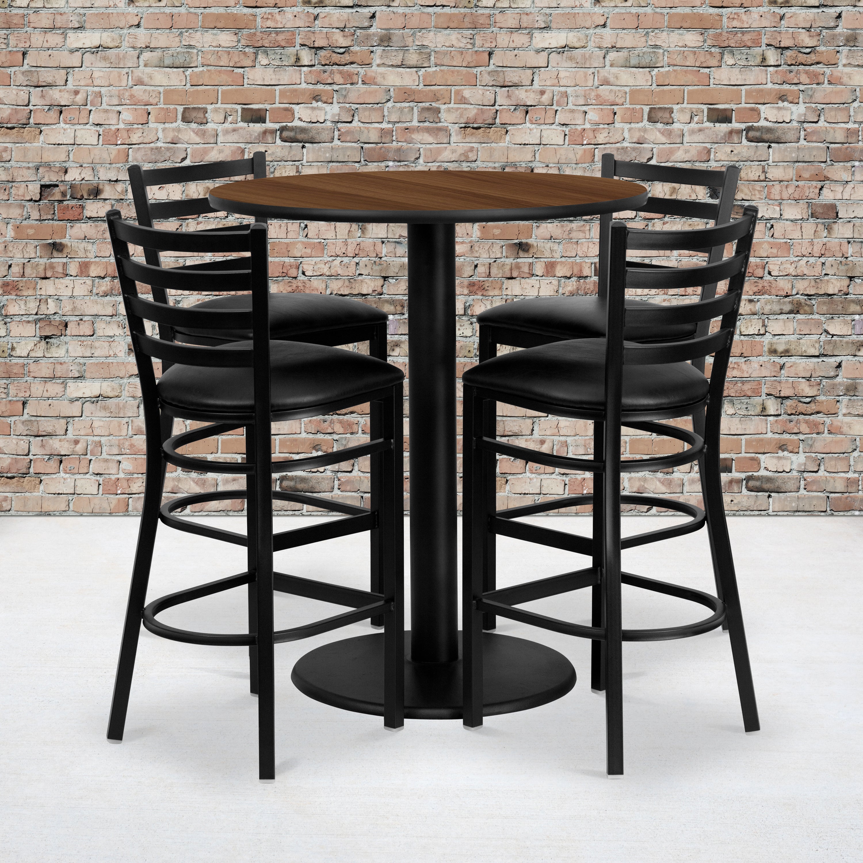 36'' Round Laminate Table Set with 4 Ladder Back Metal Barstools-Laminate Restaurant Bar Table and Stool Set-Flash Furniture-Wall2Wall Furnishings