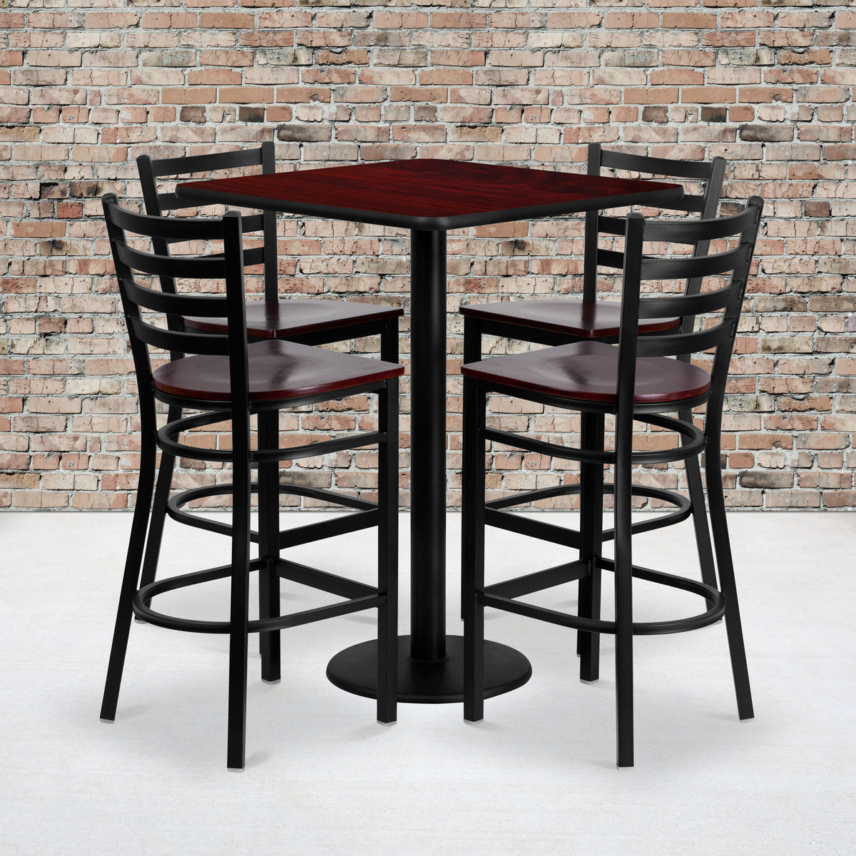 30'' Square Laminate Table Set with 4 Ladder Back Metal Barstools