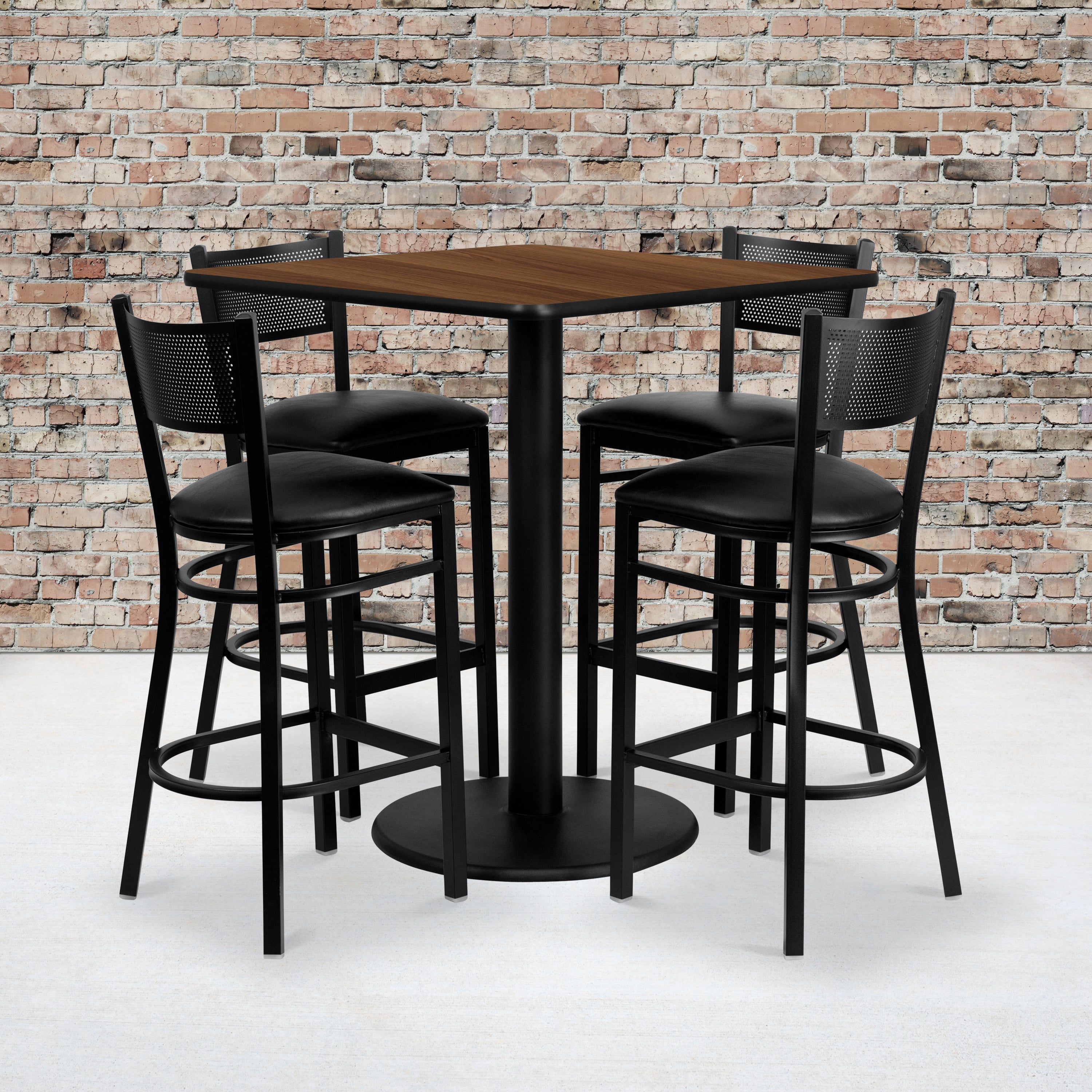 36'' Square Laminate Table Set with 4 Grid Back Metal Barstools-Laminate Restaurant Bar Table and Stool Set-Flash Furniture-Wall2Wall Furnishings