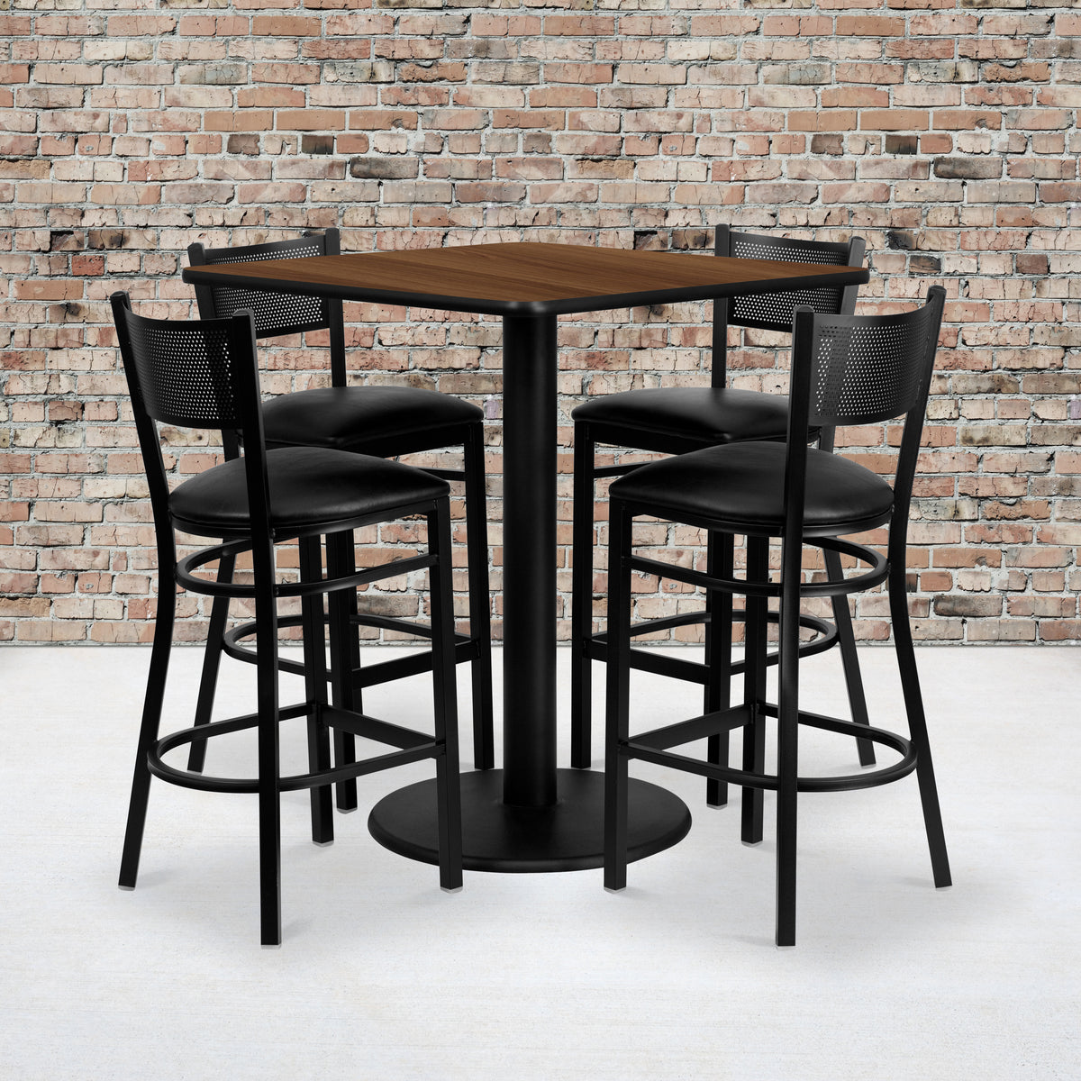 36'' Square Laminate Table Set with 4 Grid Back Metal Barstools
