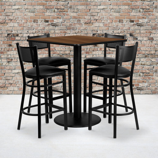 36'' Square Laminate Table Set with 4 Grid Back Metal Barstools