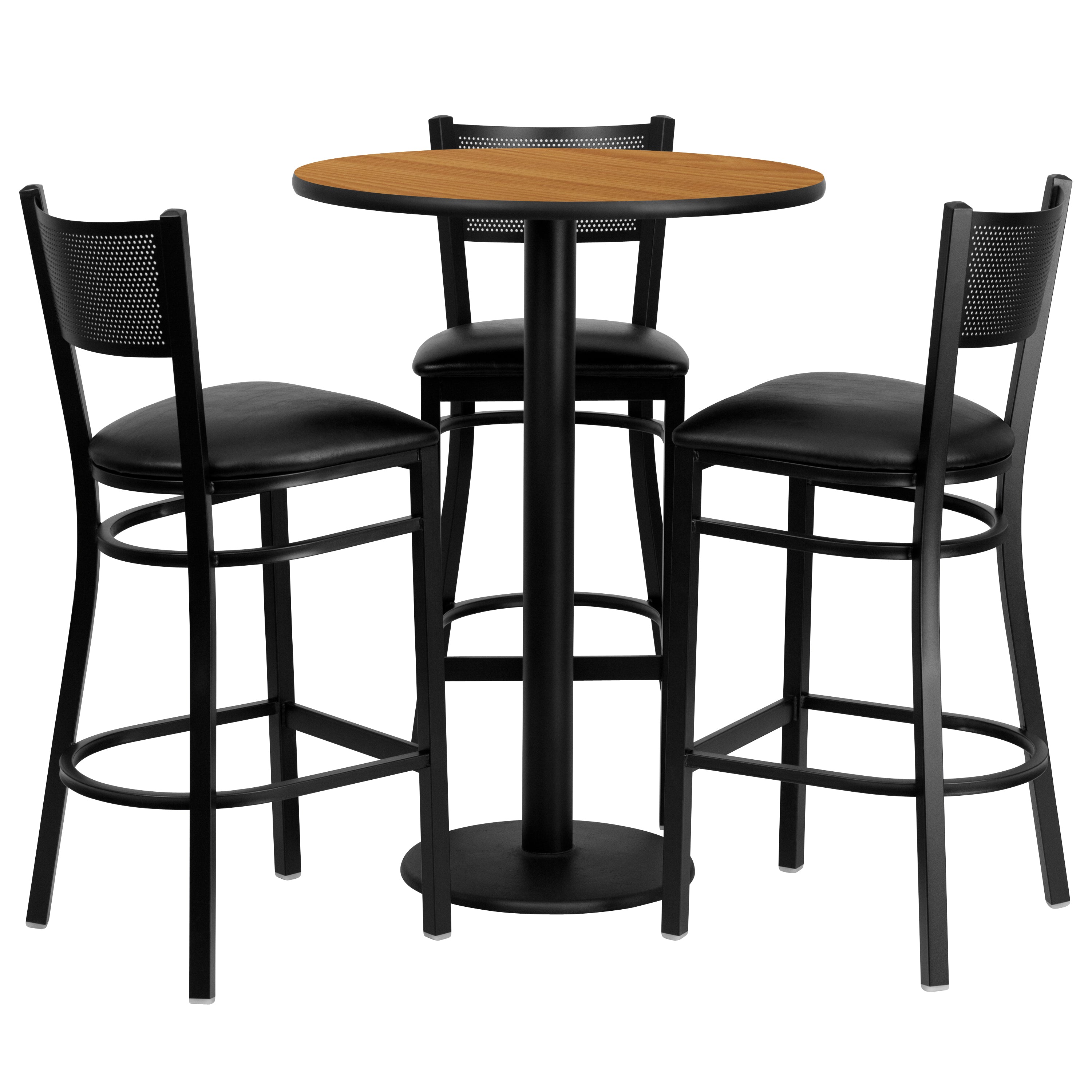 30'' Round Laminate Table Set with 3 Grid Back Metal Barstools-Laminate Restaurant Bar Table and Stool Set-Flash Furniture-Wall2Wall Furnishings