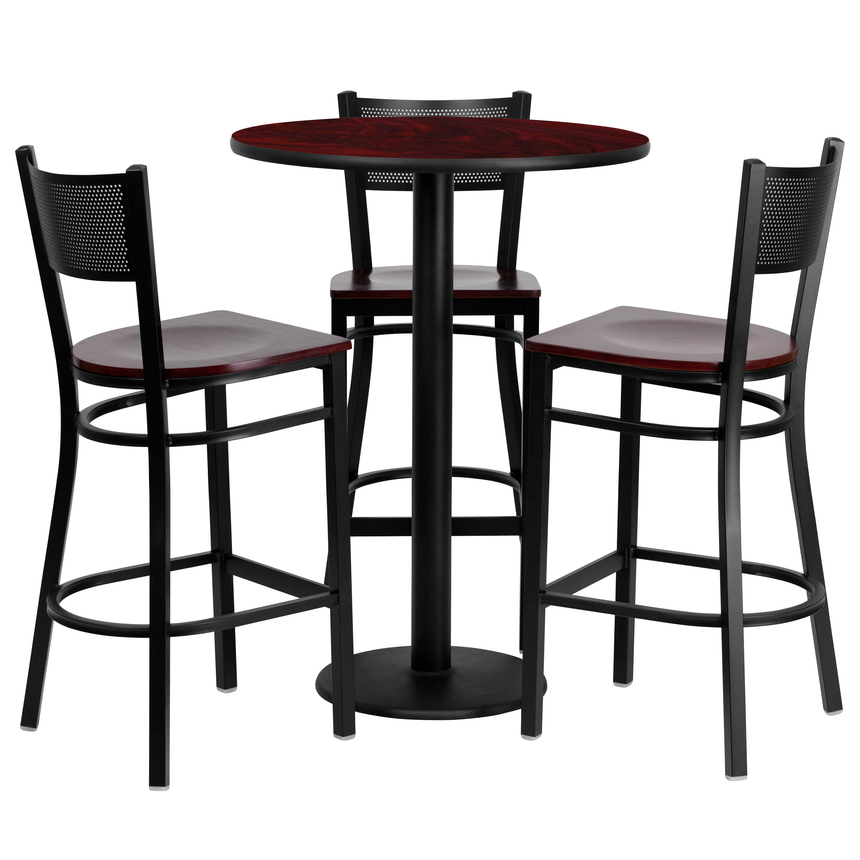 30'' Round Laminate Table Set with 3 Grid Back Metal Barstools-Laminate Restaurant Bar Table and Stool Set-Flash Furniture-Wall2Wall Furnishings