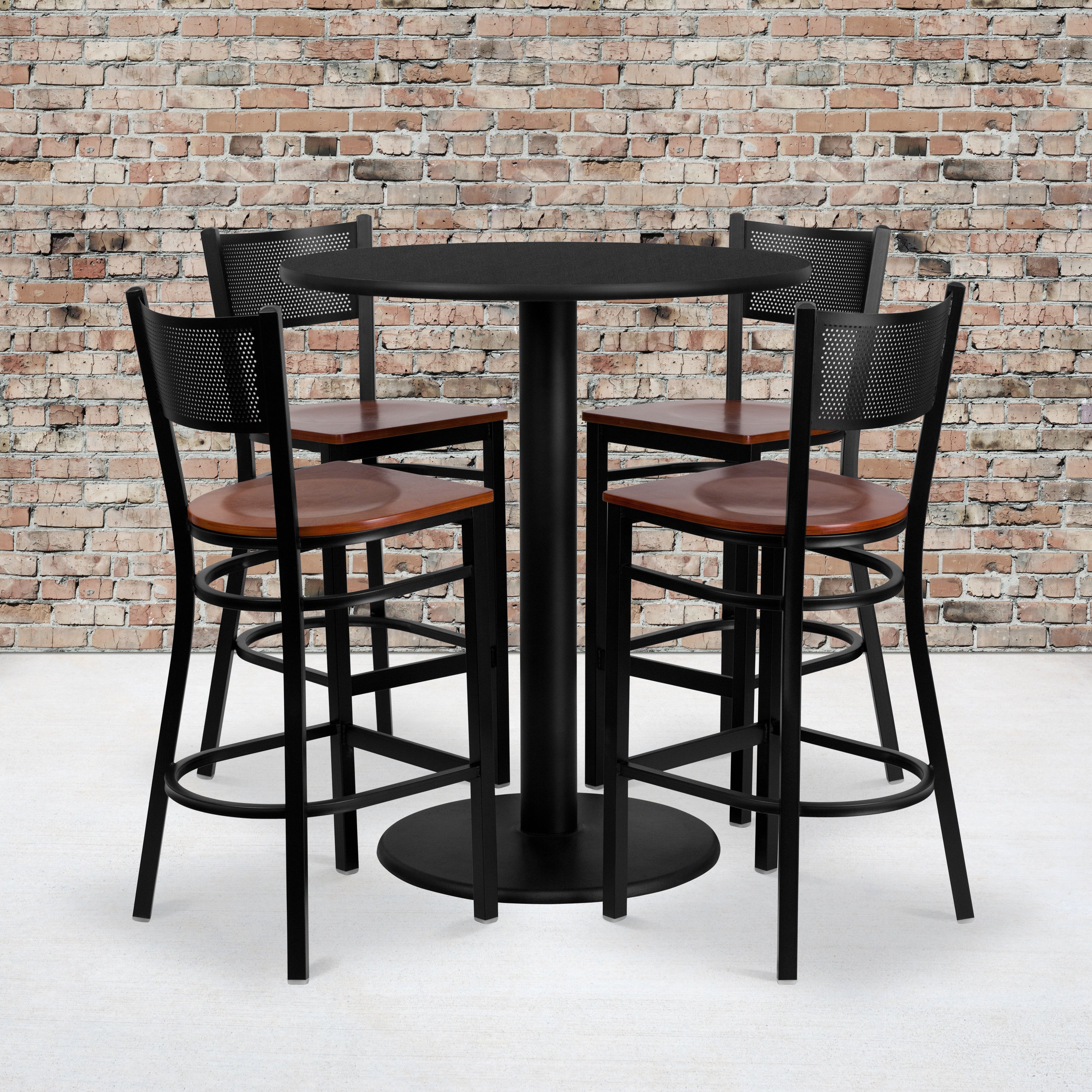 36'' Round Laminate Table Set with 4 Grid Back Metal Barstools-Laminate Restaurant Bar Table and Stool Set-Flash Furniture-Wall2Wall Furnishings