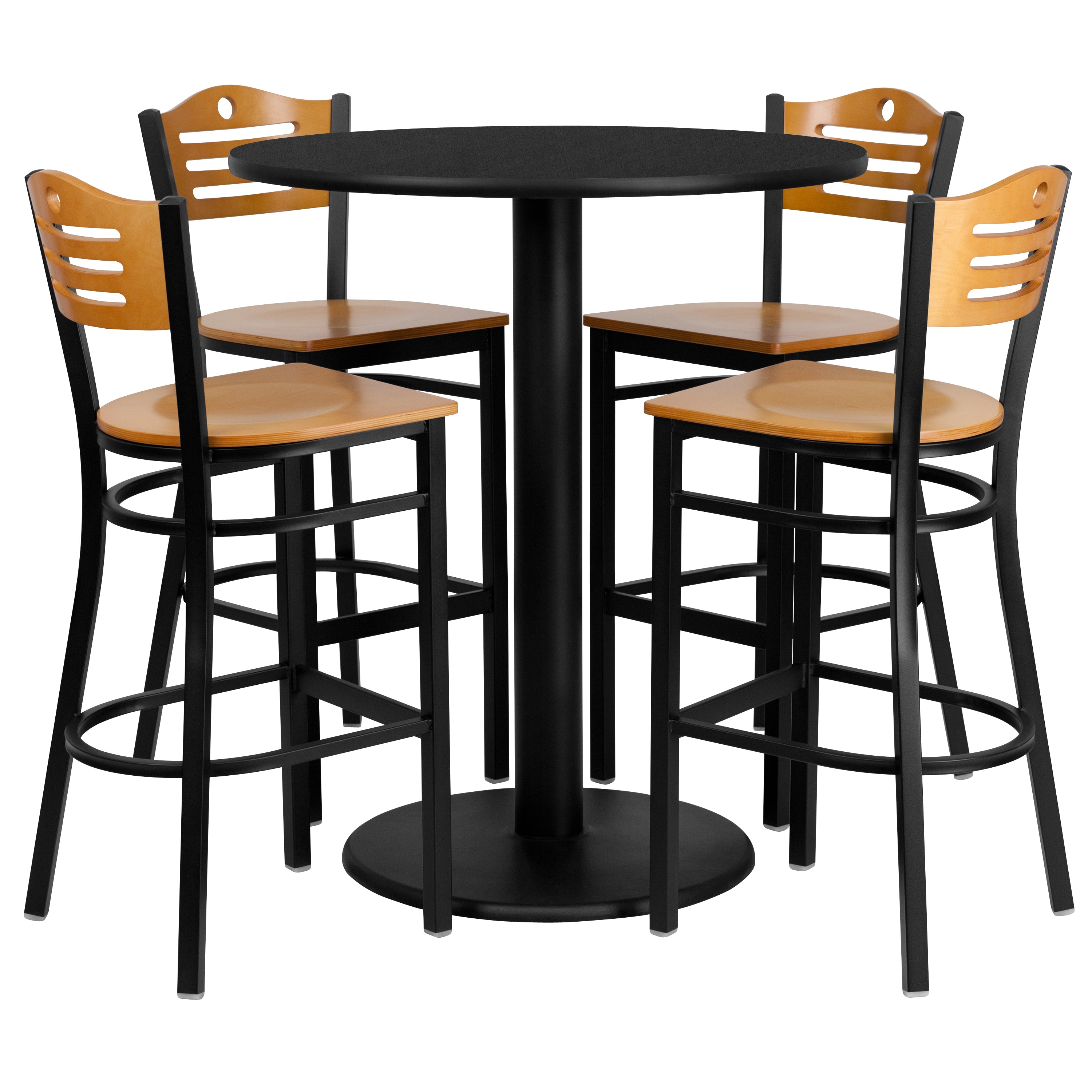 36'' Round Laminate Table Set with 4 Wood Slat Back Metal Barstools-Laminate Restaurant Bar Table and Stool Set-Flash Furniture-Wall2Wall Furnishings