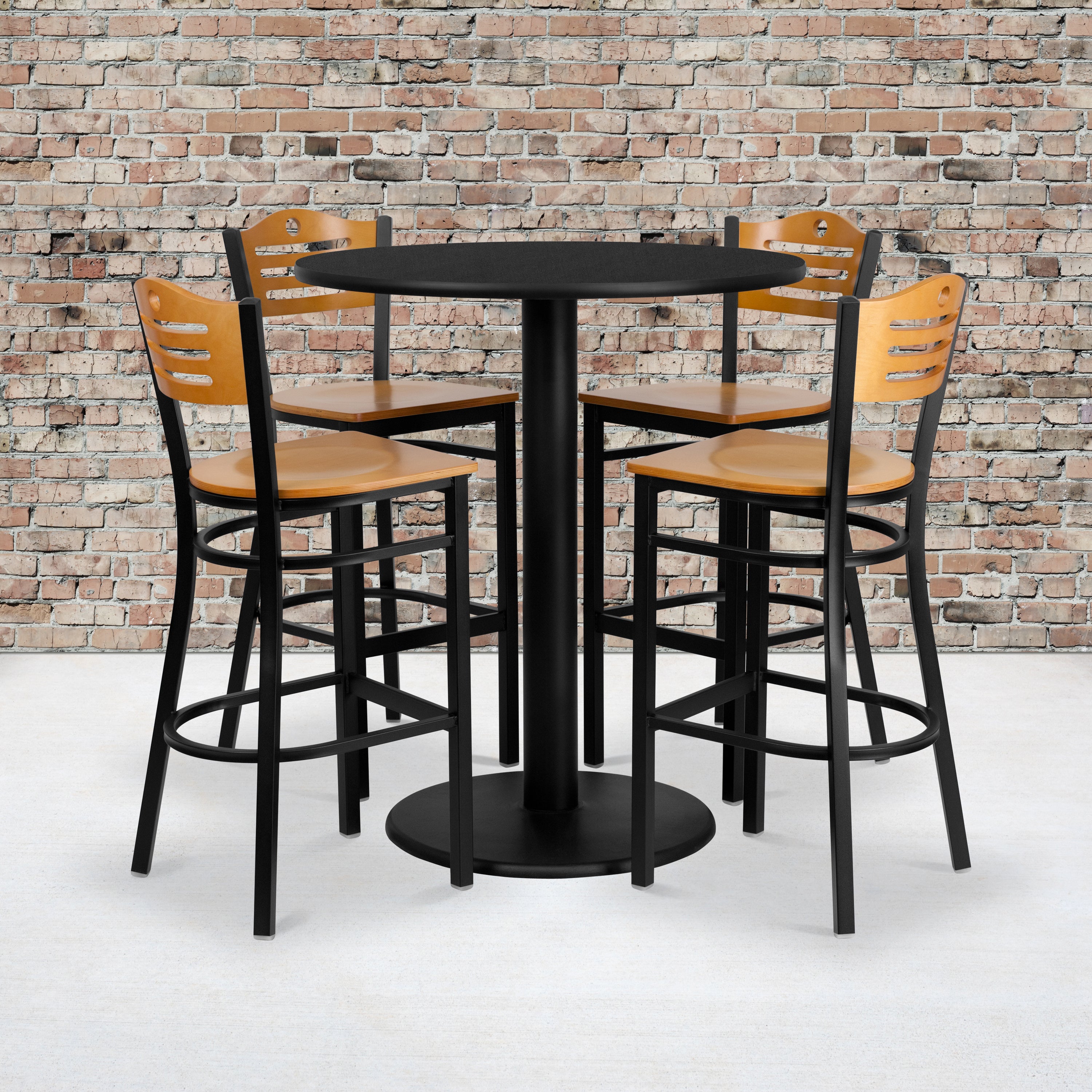 36'' Round Laminate Table Set with 4 Wood Slat Back Metal Barstools-Laminate Restaurant Bar Table and Stool Set-Flash Furniture-Wall2Wall Furnishings