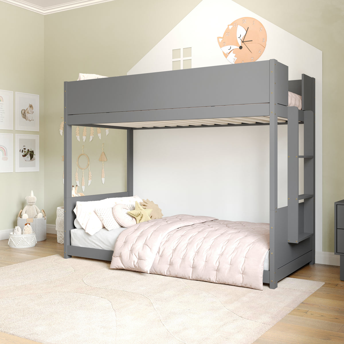 Dallas Convertible Solid Wood Bunk Bed Frame with Ladder for Kids, No Box Spring Needed