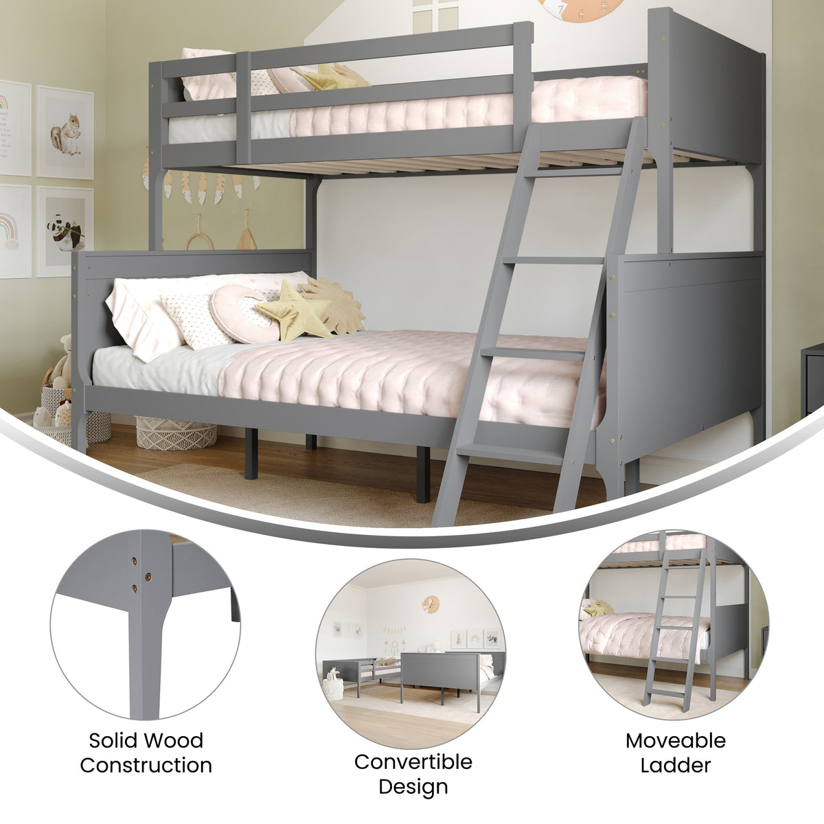 Dallas Convertible Slatted Solid Wood Bunk Bed Frame with Ladder for Kids, No Box Spring Needed