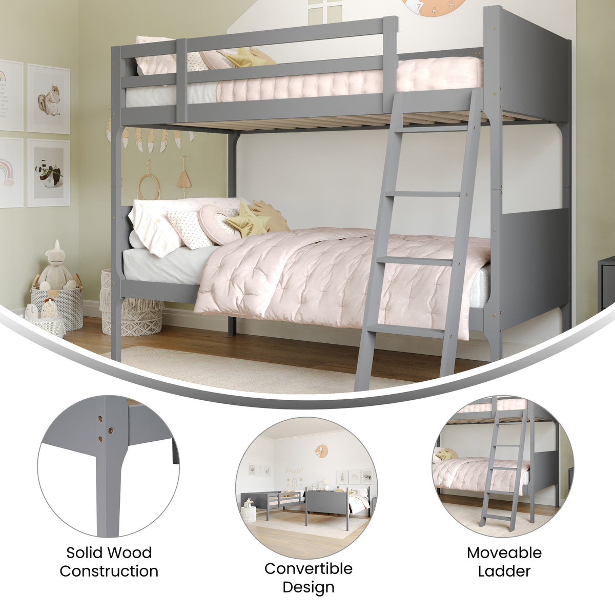 Dallas Convertible Slatted Solid Wood Bunk Bed Frame with Ladder for Kids, No Box Spring Needed