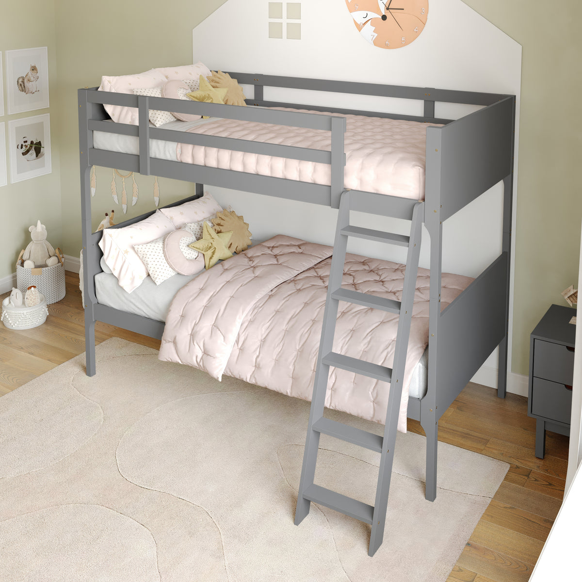 Dallas Convertible Slatted Solid Wood Bunk Bed Frame with Ladder for Kids, No Box Spring Needed