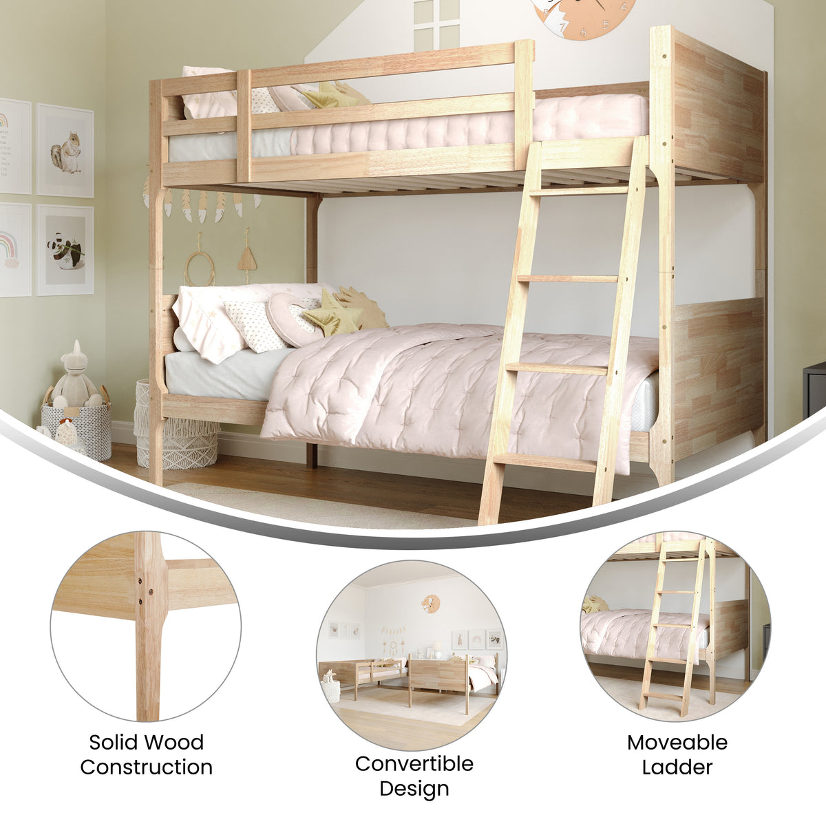 Dallas Convertible Slatted Solid Wood Bunk Bed Frame with Ladder for Kids, No Box Spring Needed