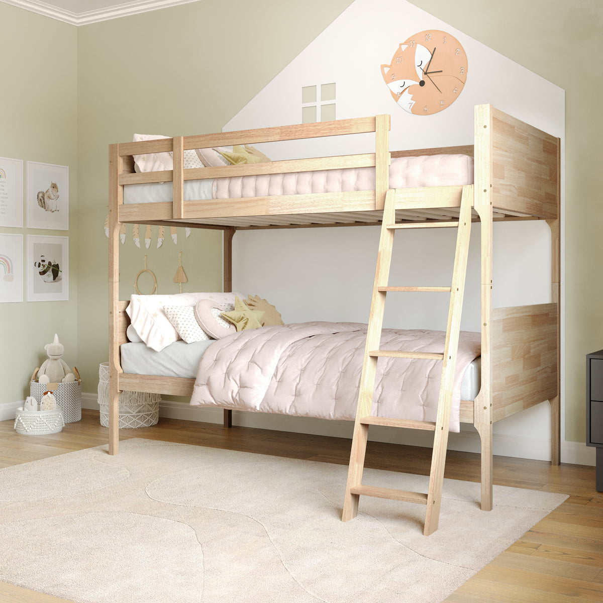 Dallas Convertible Slatted Solid Wood Bunk Bed Frame with Ladder for Kids, No Box Spring Needed