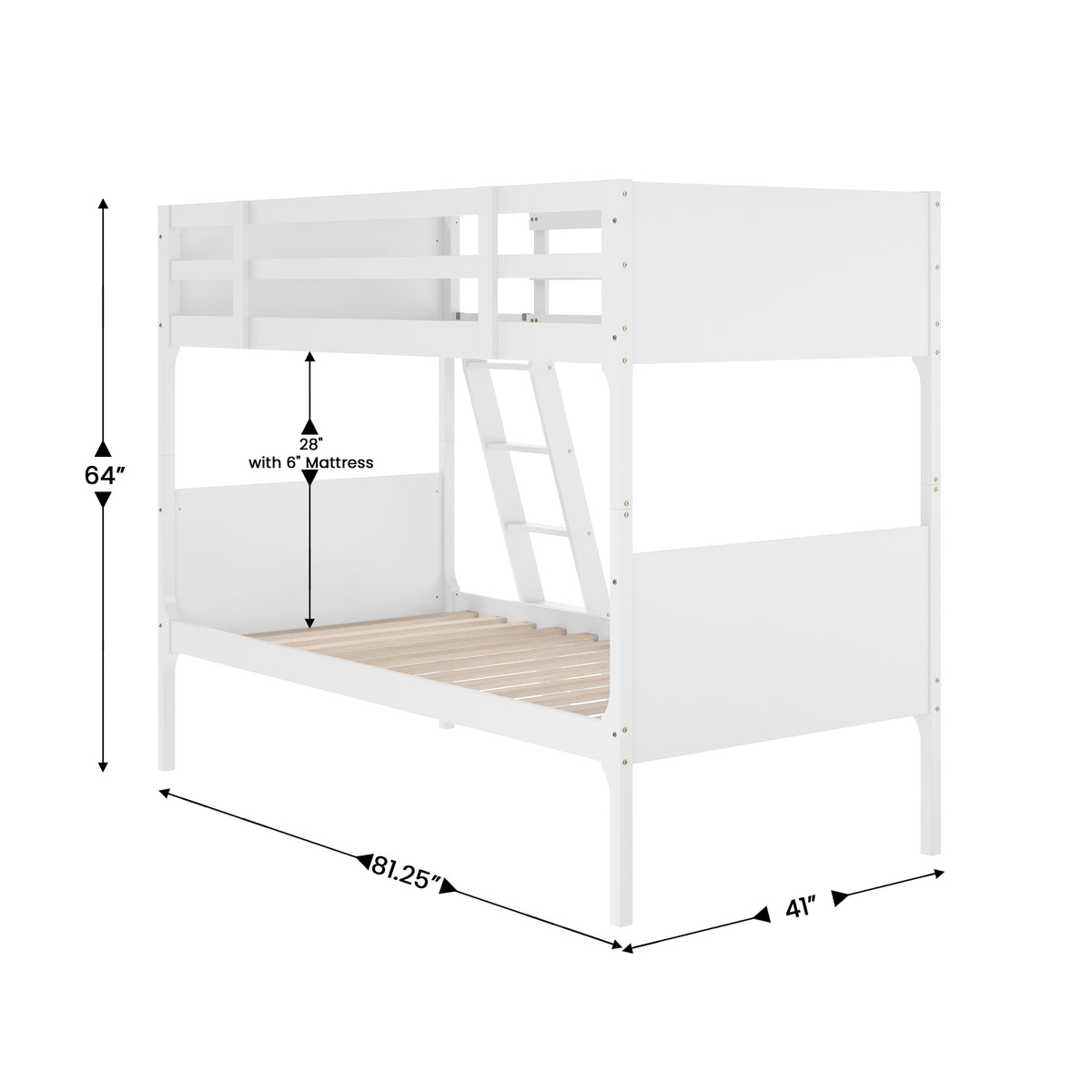 Dallas Convertible Slatted Solid Wood Bunk Bed Frame with Ladder for Kids, No Box Spring Needed