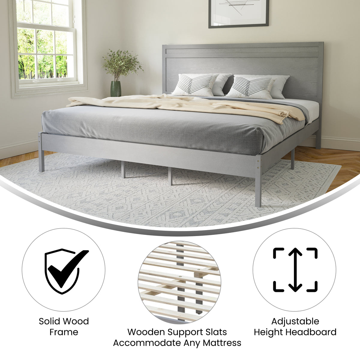 Kingston Solid Wood Platform Bed with Wooden Slats and Headboard, No Box Spring Needed