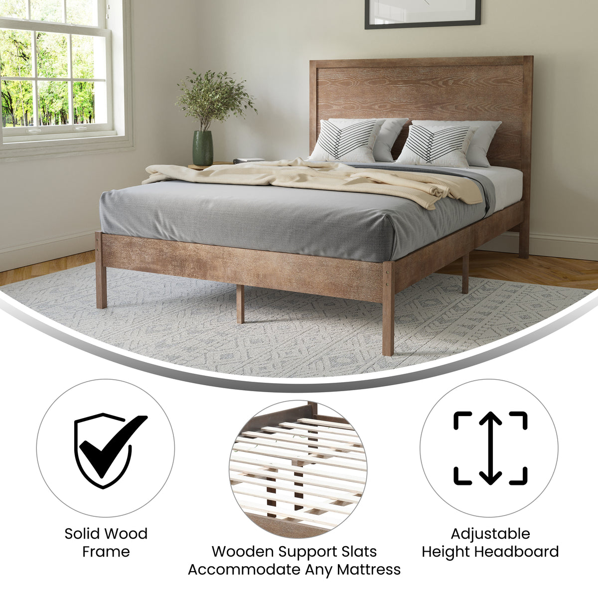 Asher Solid Wood Platform Bed with Wooden Slats and Headboard, No Box Spring Needed