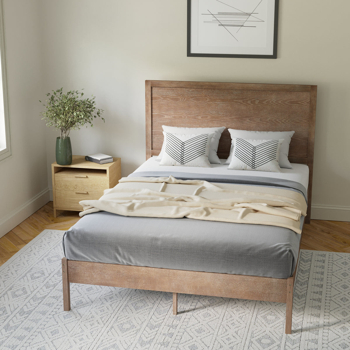 Asher Solid Wood Platform Bed with Wooden Slats and Headboard, No Box Spring Needed