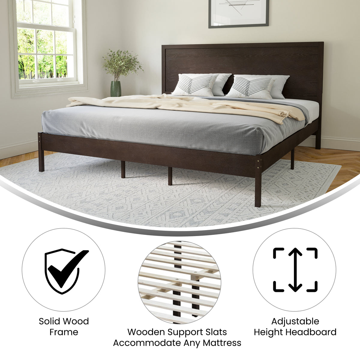 Asher Solid Wood Platform Bed with Wooden Slats and Headboard, No Box Spring Needed