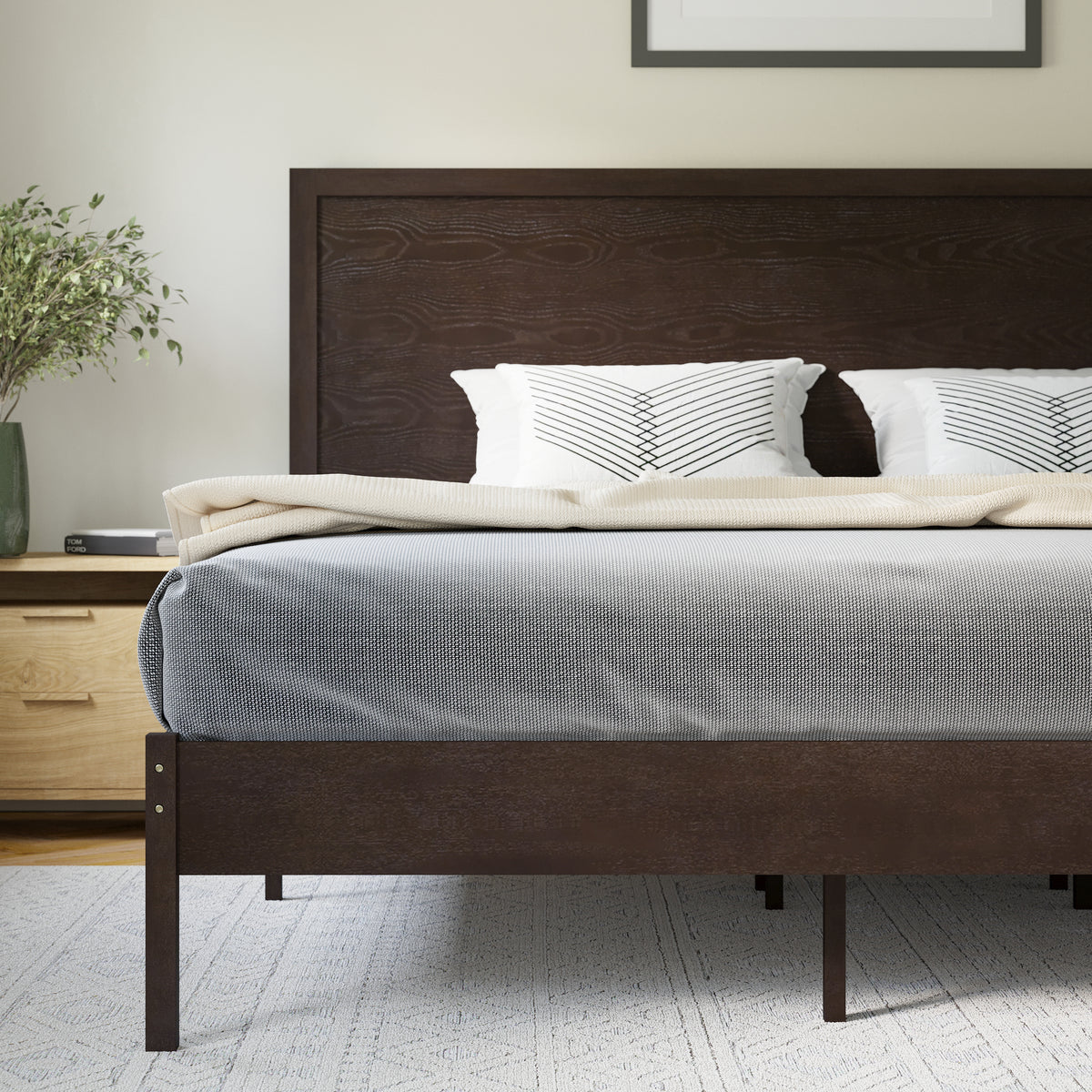 Asher Solid Wood Platform Bed with Wooden Slats and Headboard, No Box Spring Needed