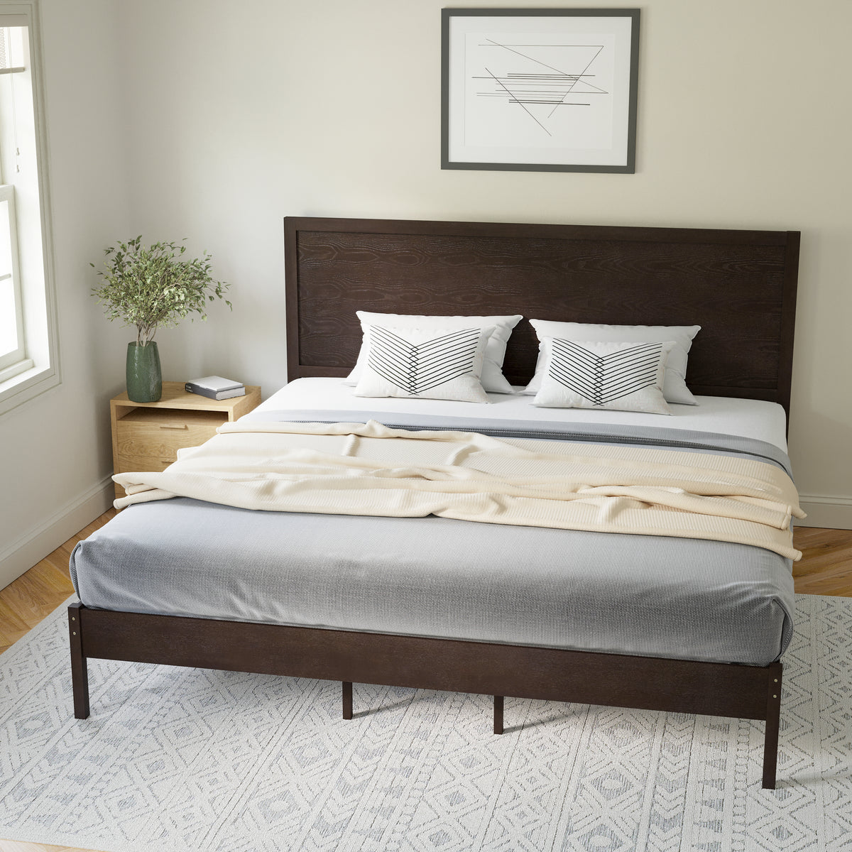 Asher Solid Wood Platform Bed with Wooden Slats and Headboard, No Box Spring Needed