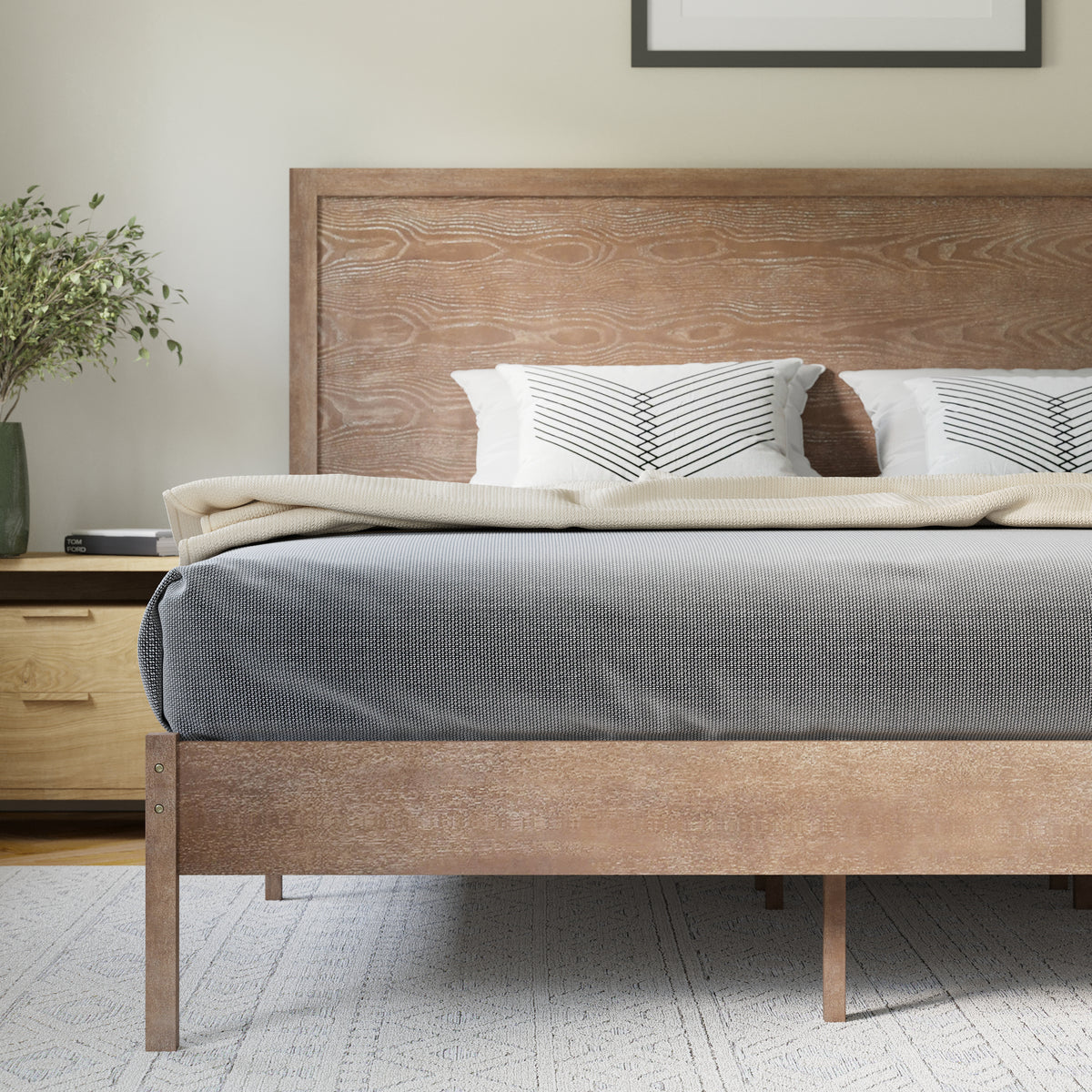 Asher Solid Wood Platform Bed with Wooden Slats and Headboard, No Box Spring Needed