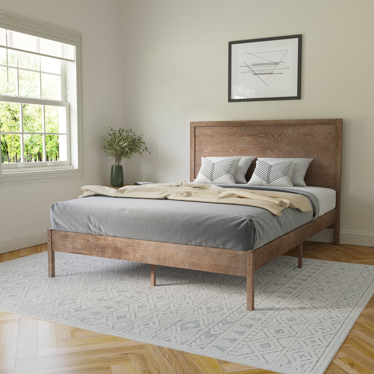 Asher Solid Wood Platform Bed with Wooden Slats and Headboard, No Box Spring Needed