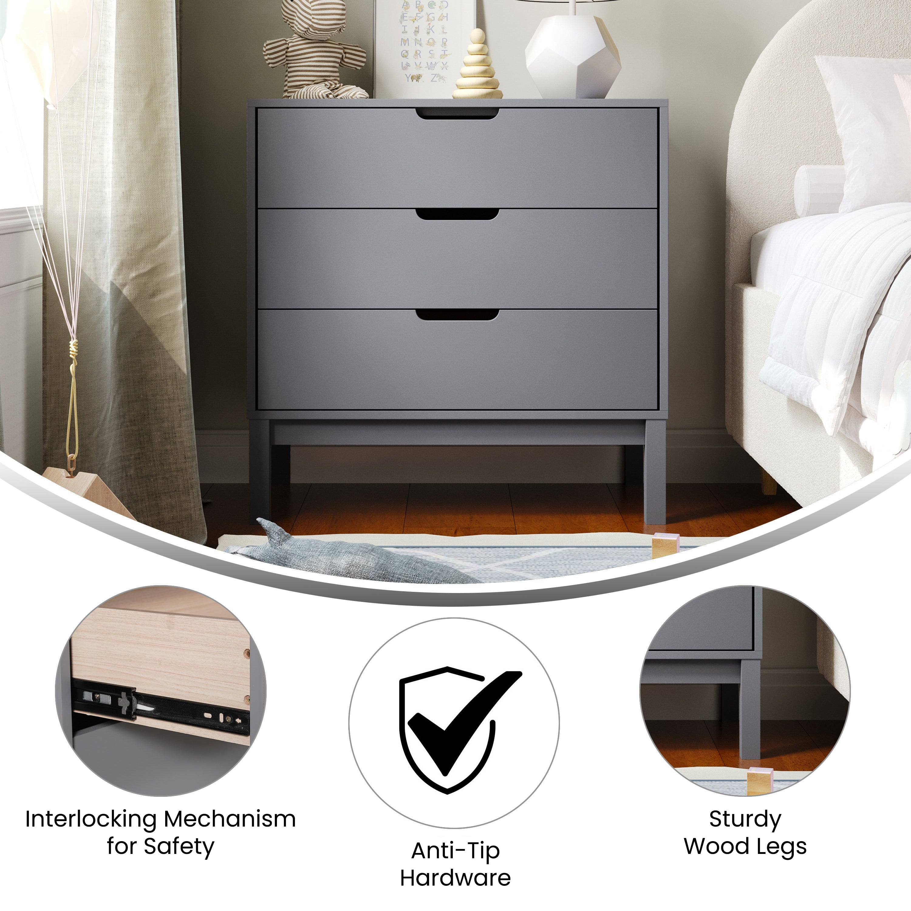 Dallas Wooden 3-Drawer Dresser for Bedroom, Chest of Drawers for Kids